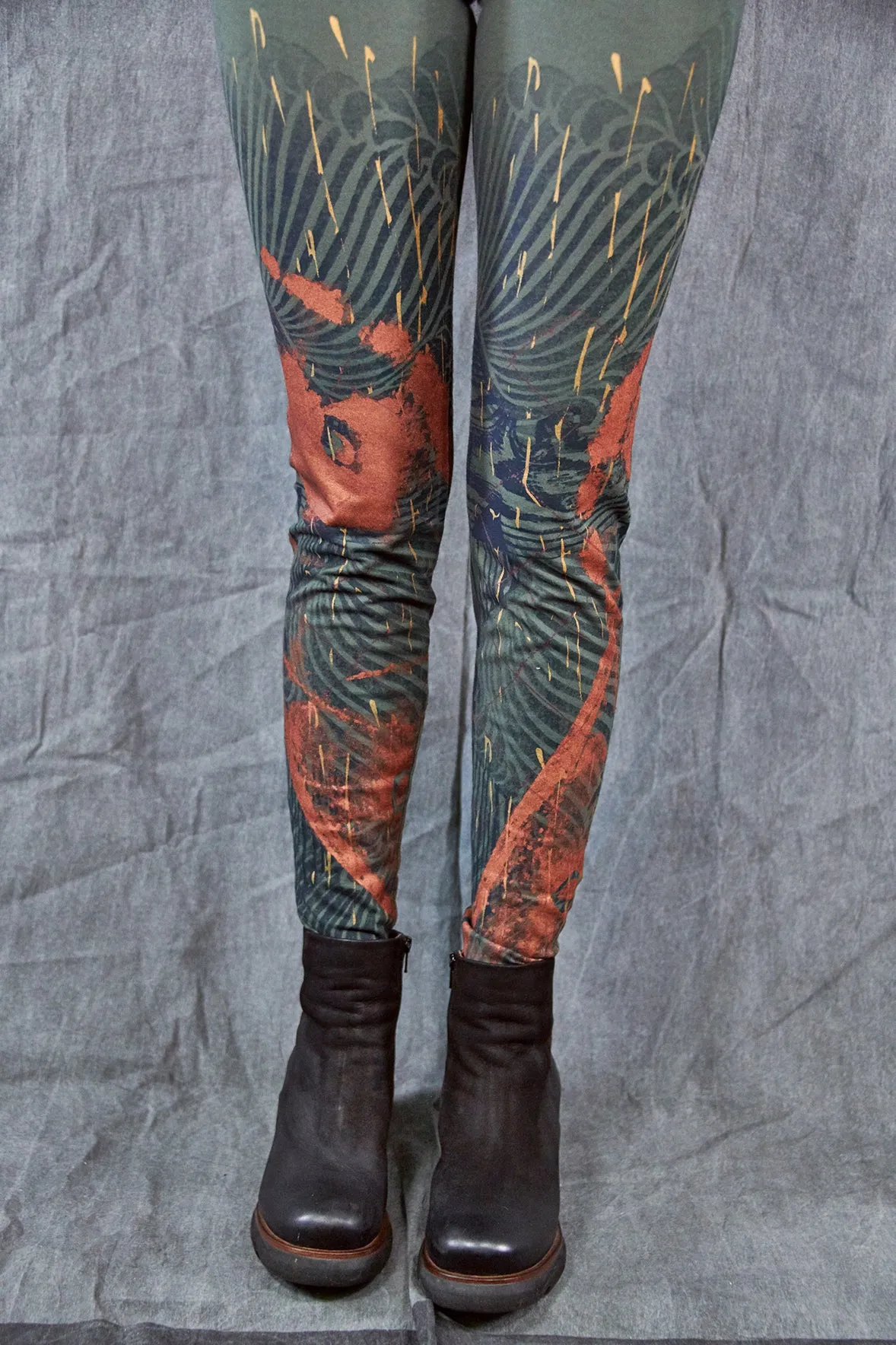 3136 Handprinted Legging Army Green-Copper Patina Wave