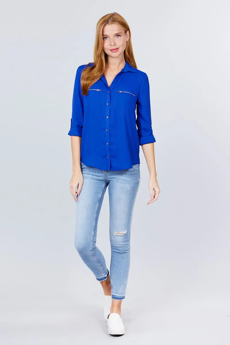 3/4 Roll Up Sleeve Pocket W/zipper Detail Woven Blouse