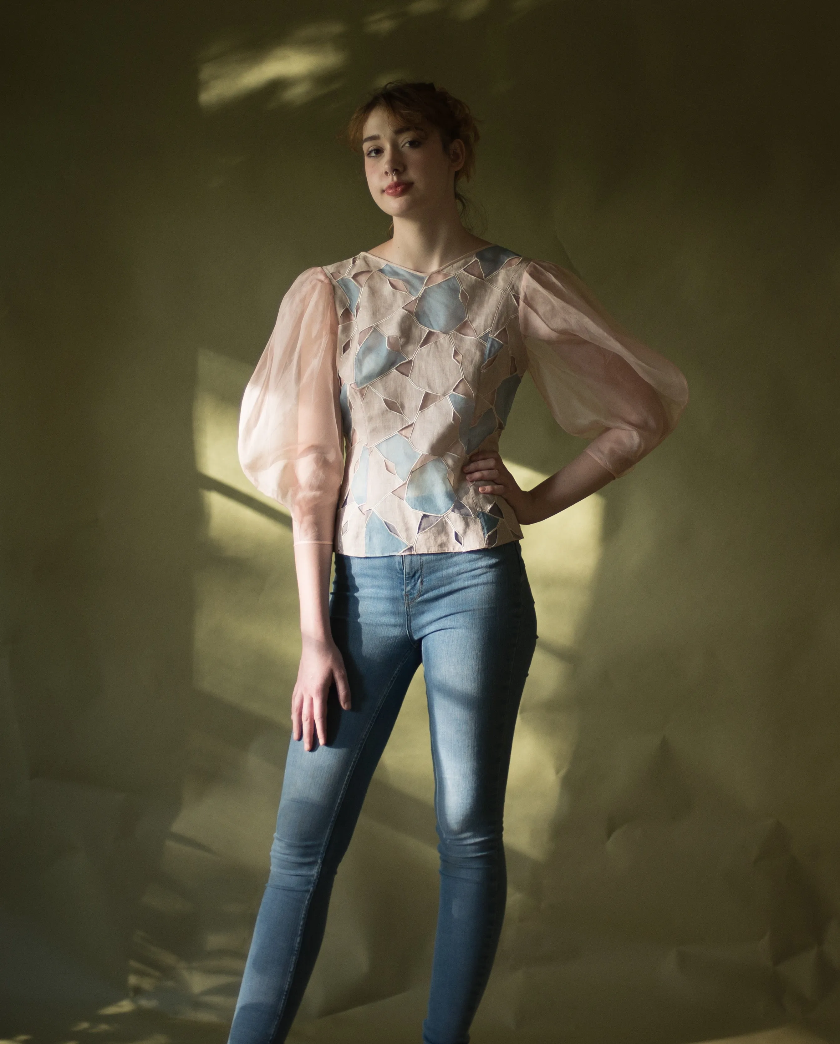 70s linen and organza patchwork lantern sleeve blouse, 36” bust