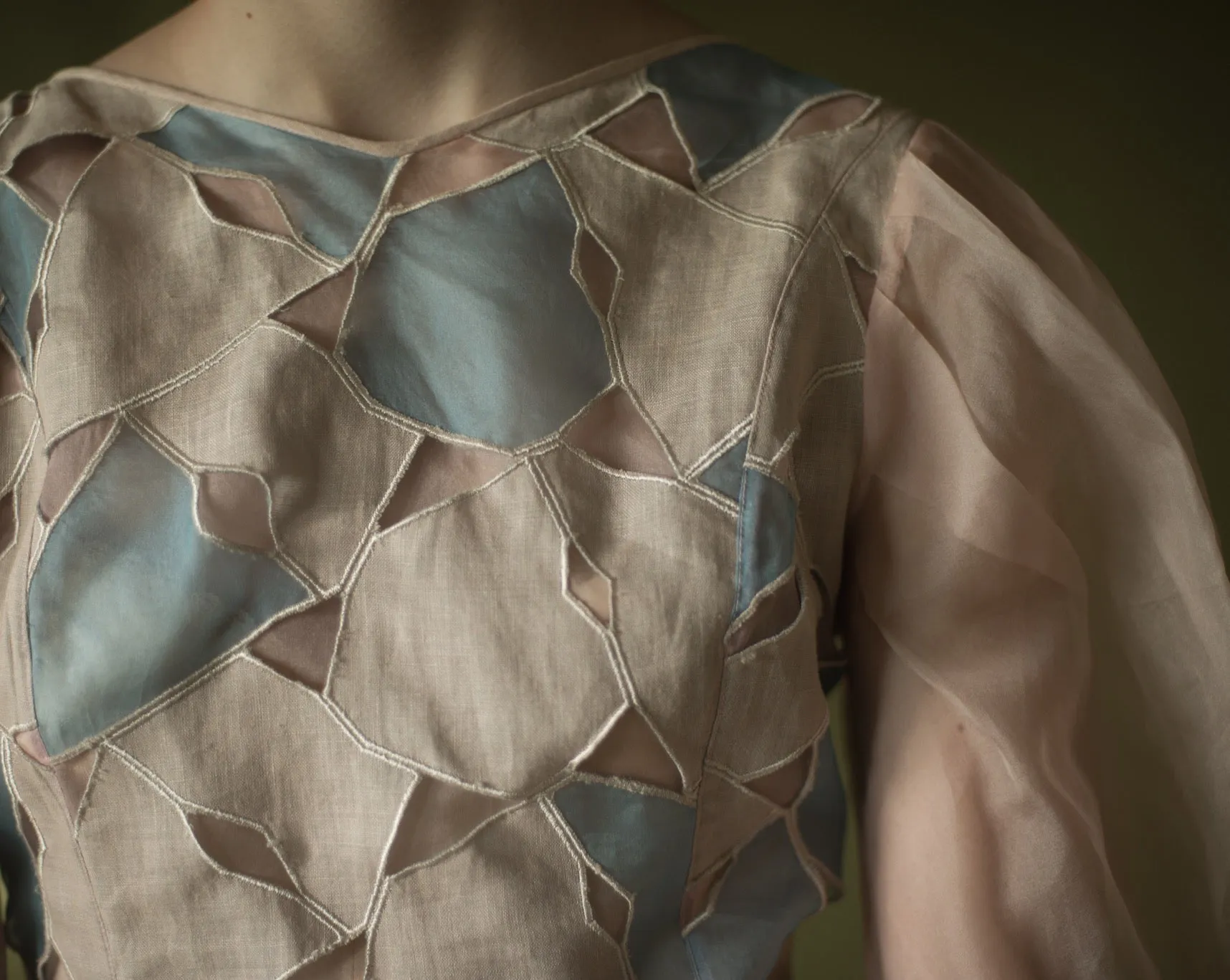 70s linen and organza patchwork lantern sleeve blouse, 36” bust