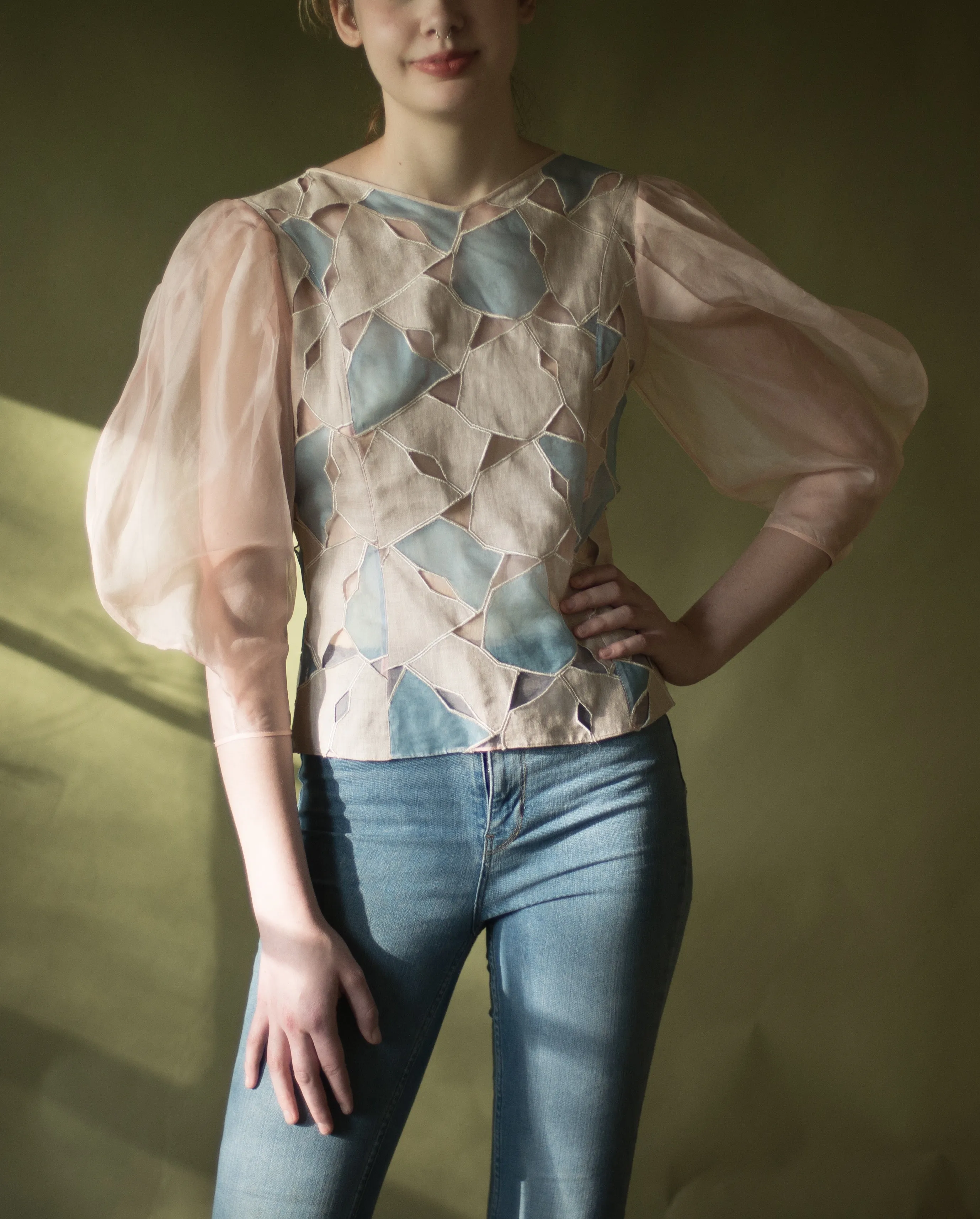 70s linen and organza patchwork lantern sleeve blouse, 36” bust