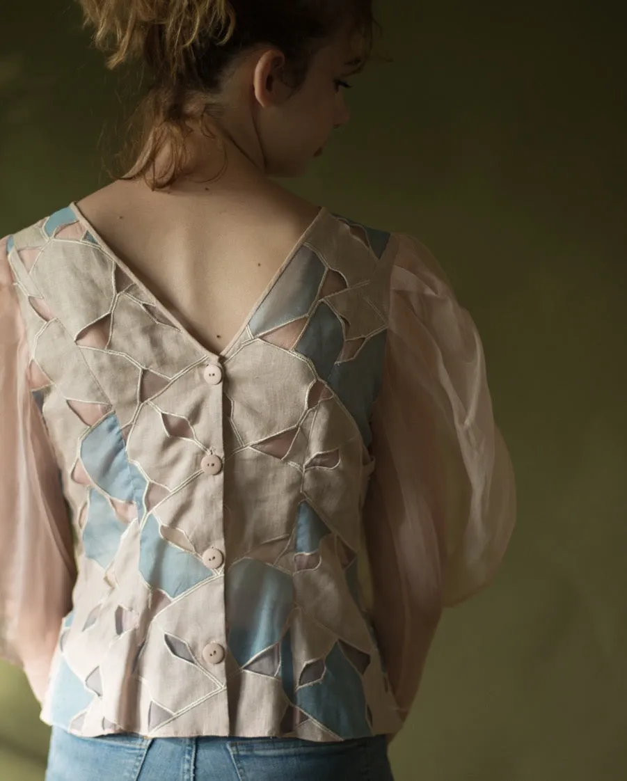 70s linen and organza patchwork lantern sleeve blouse, 36” bust