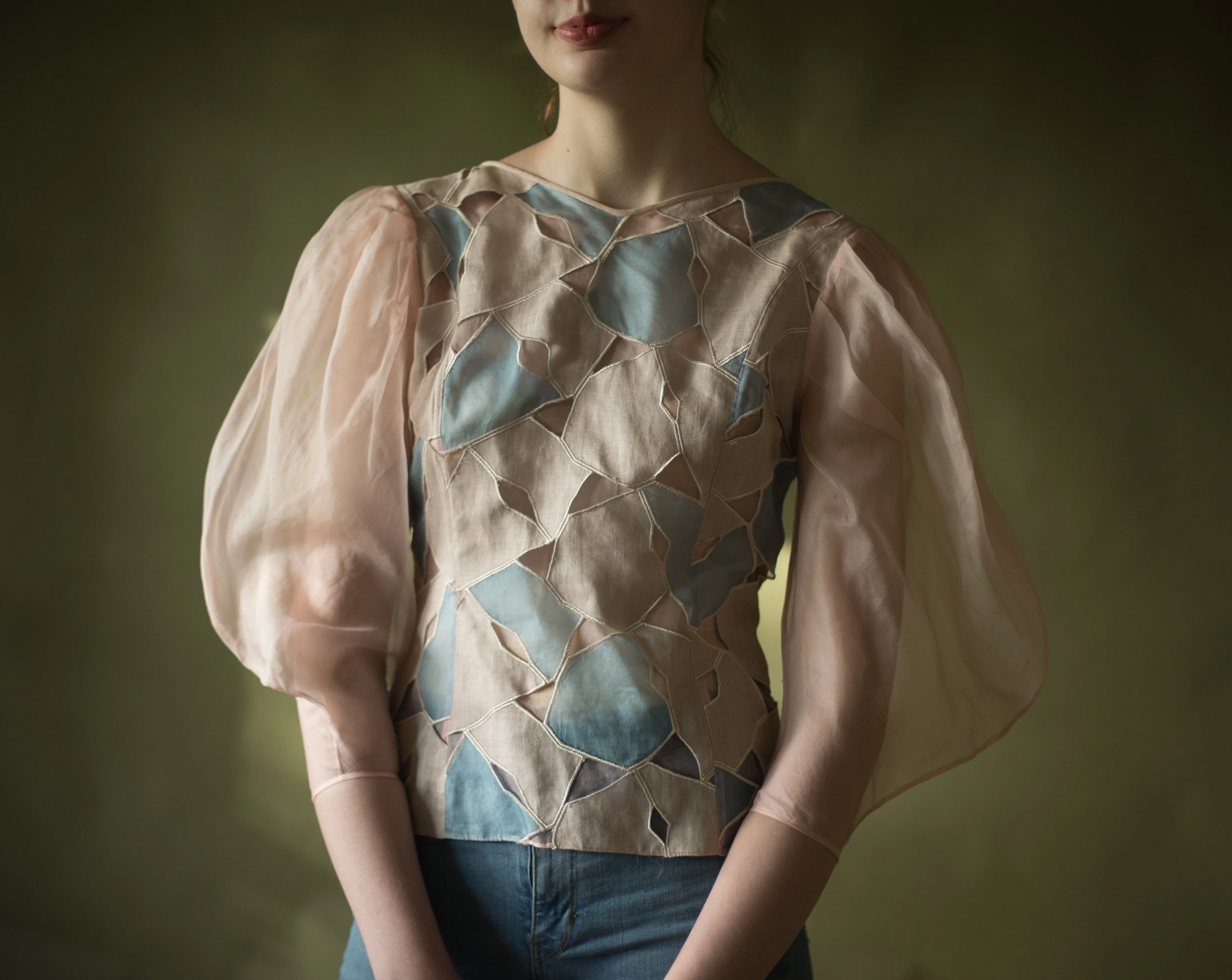 70s linen and organza patchwork lantern sleeve blouse, 36” bust