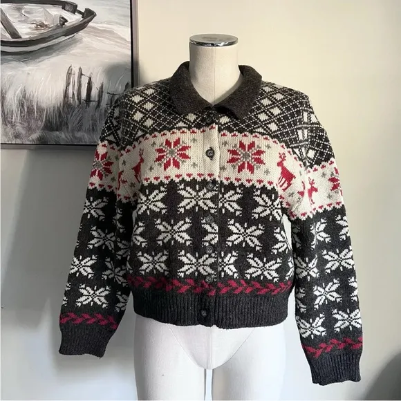 80s Italian Limited Nordic Wool Blend Knit Cardigan SMALL Front Button Closure