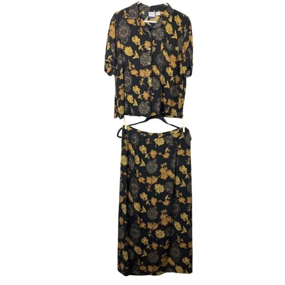 90s All Over Floral 2 Piece Skirt Set Womens M/L Rayon Crinkle Indie Academia