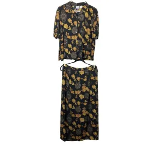 90s All Over Floral 2 Piece Skirt Set Womens M/L Rayon Crinkle Indie Academia