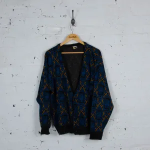 90s Pattern Knit Cardigan - Blue - L