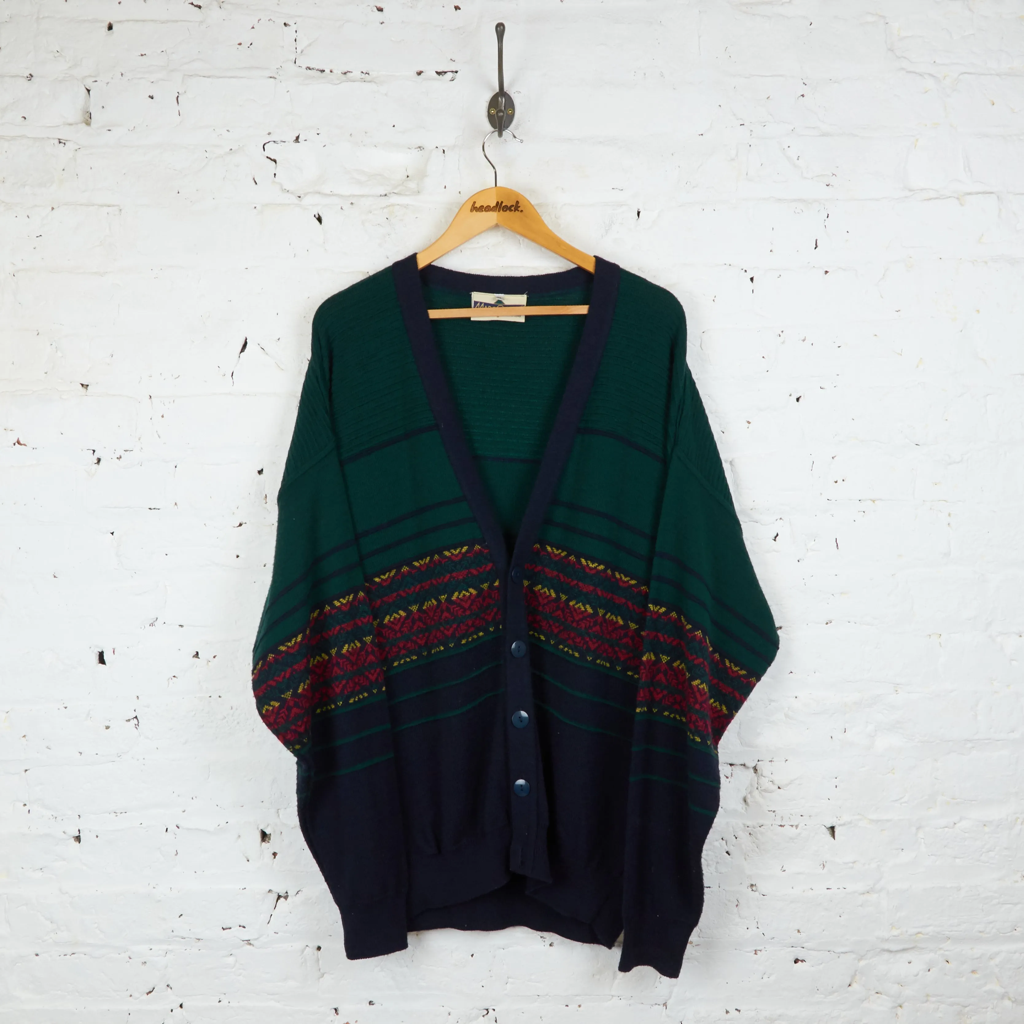 90s Pattern Knit Cardigan - Green/Blue - XL