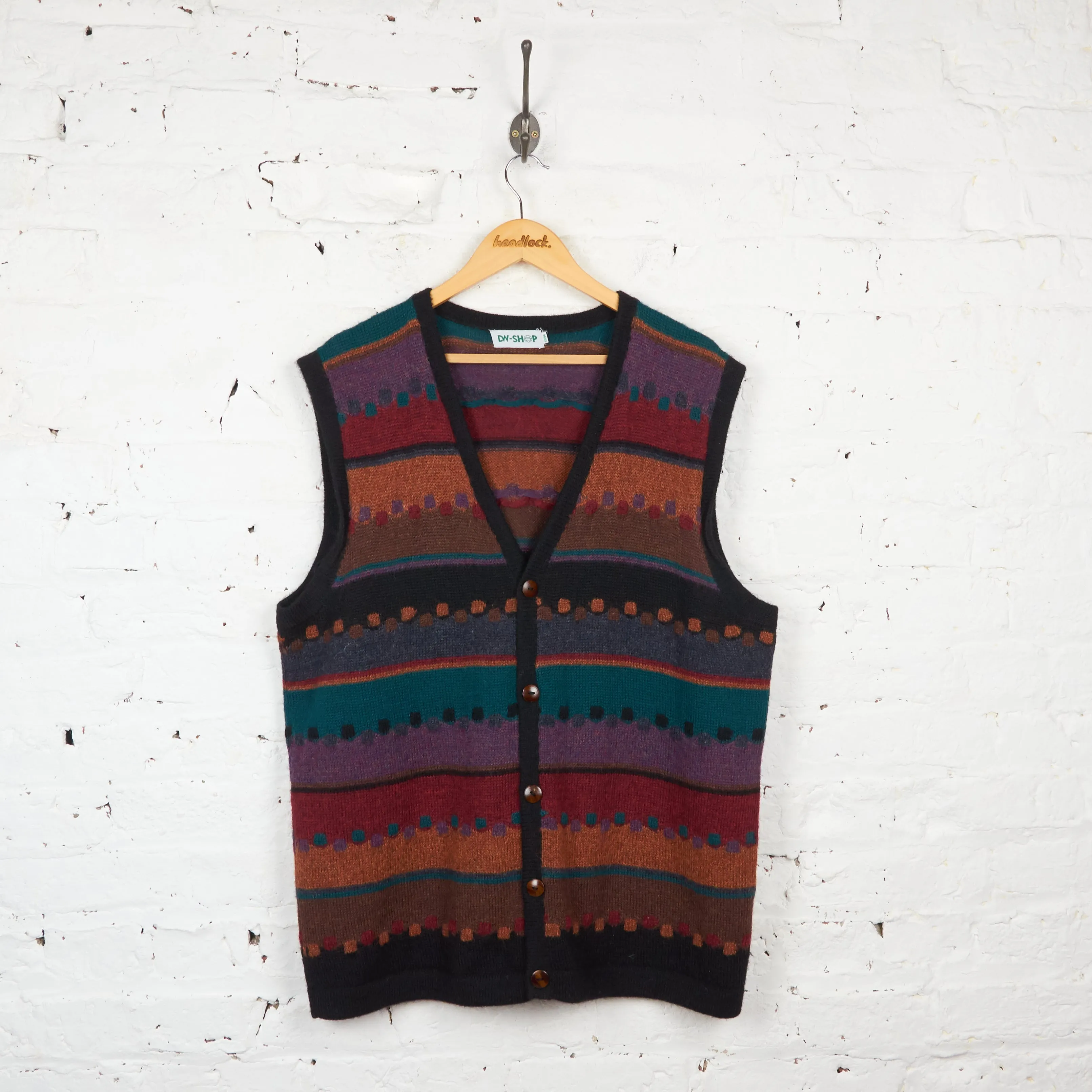 90s Pattern Knit Cardigan Tank Top - Orange/Green - XL