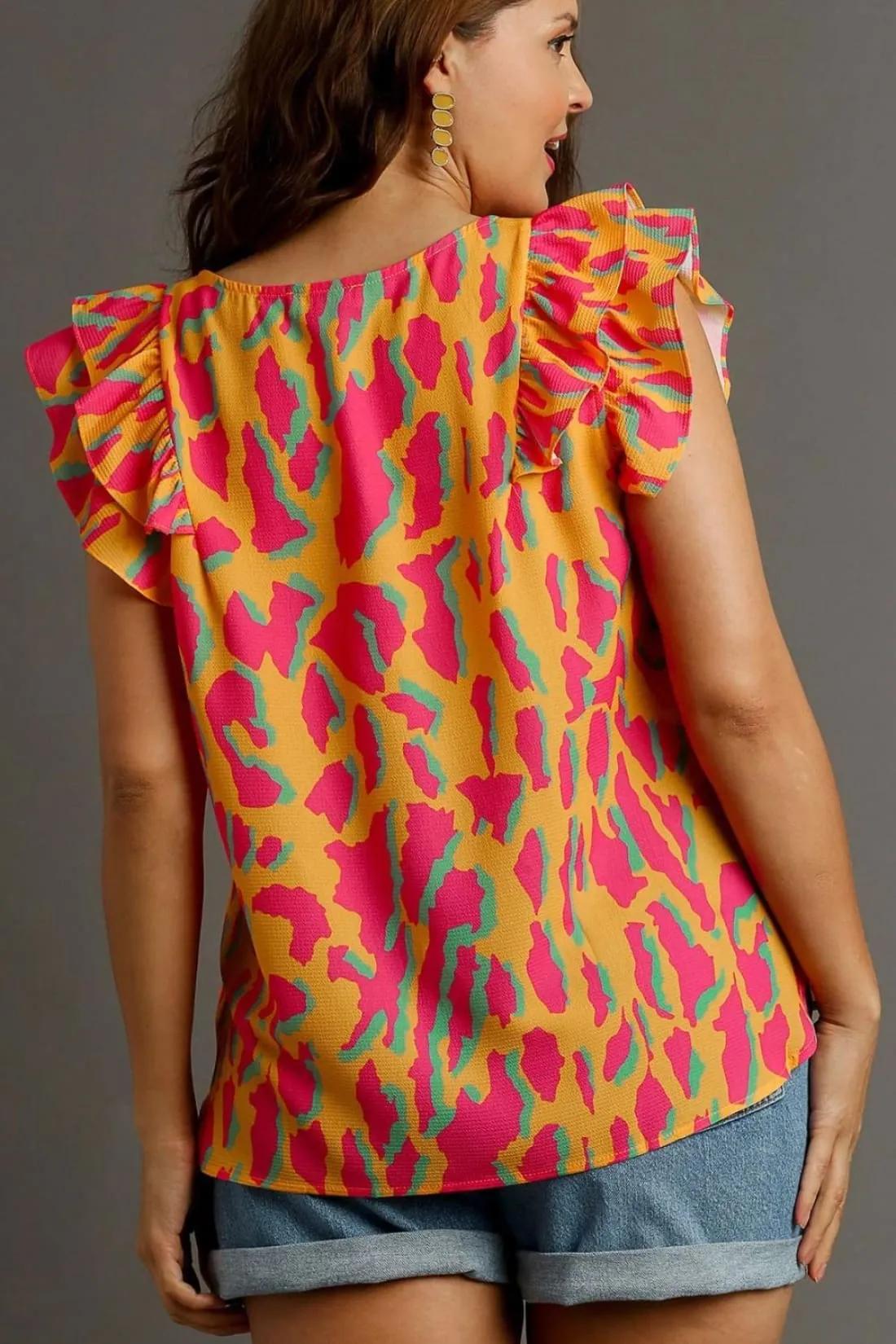 Abstract Print Ruffle Sleeve Blouse