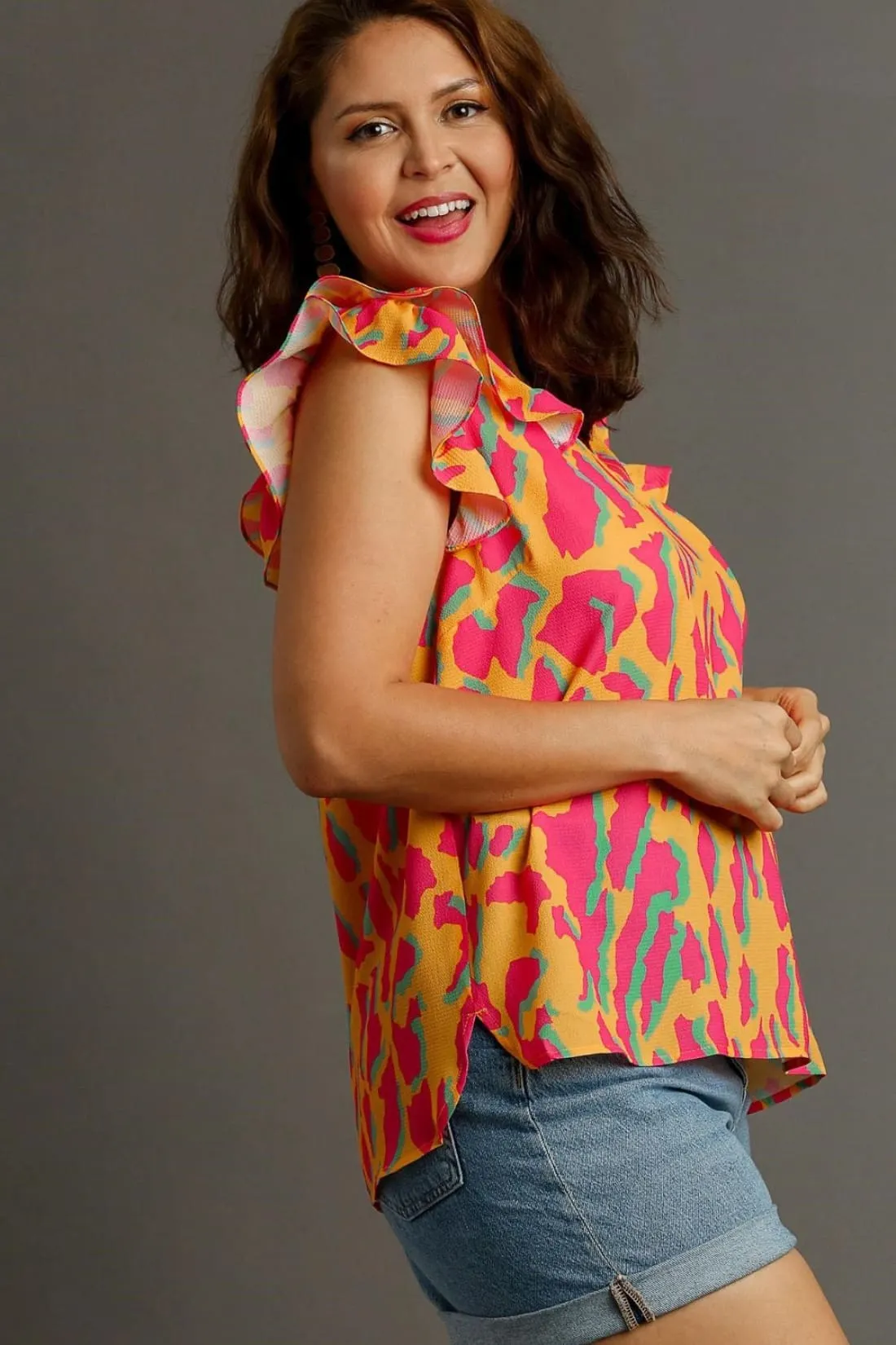 Abstract Print Ruffle Sleeve Blouse