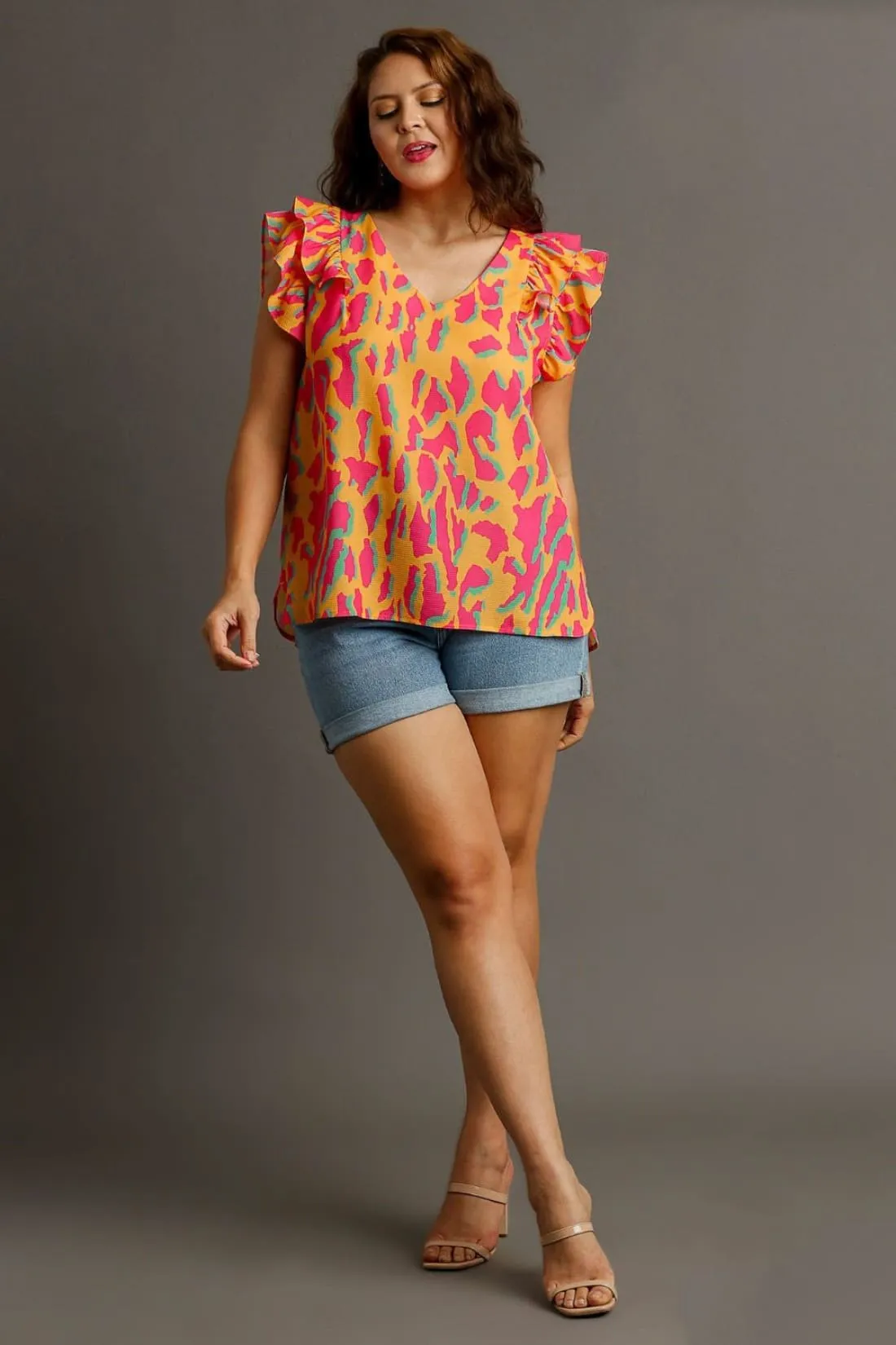 Abstract Print Ruffle Sleeve Blouse