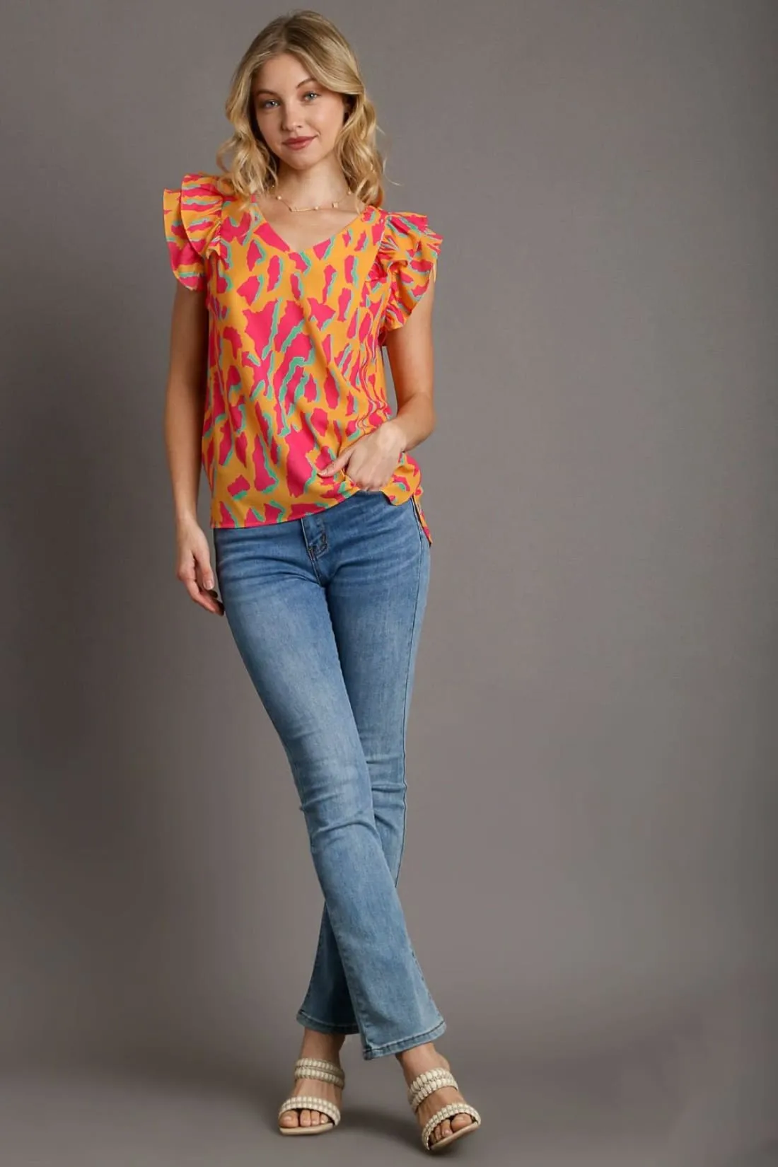 Abstract Print Ruffle Sleeve Blouse