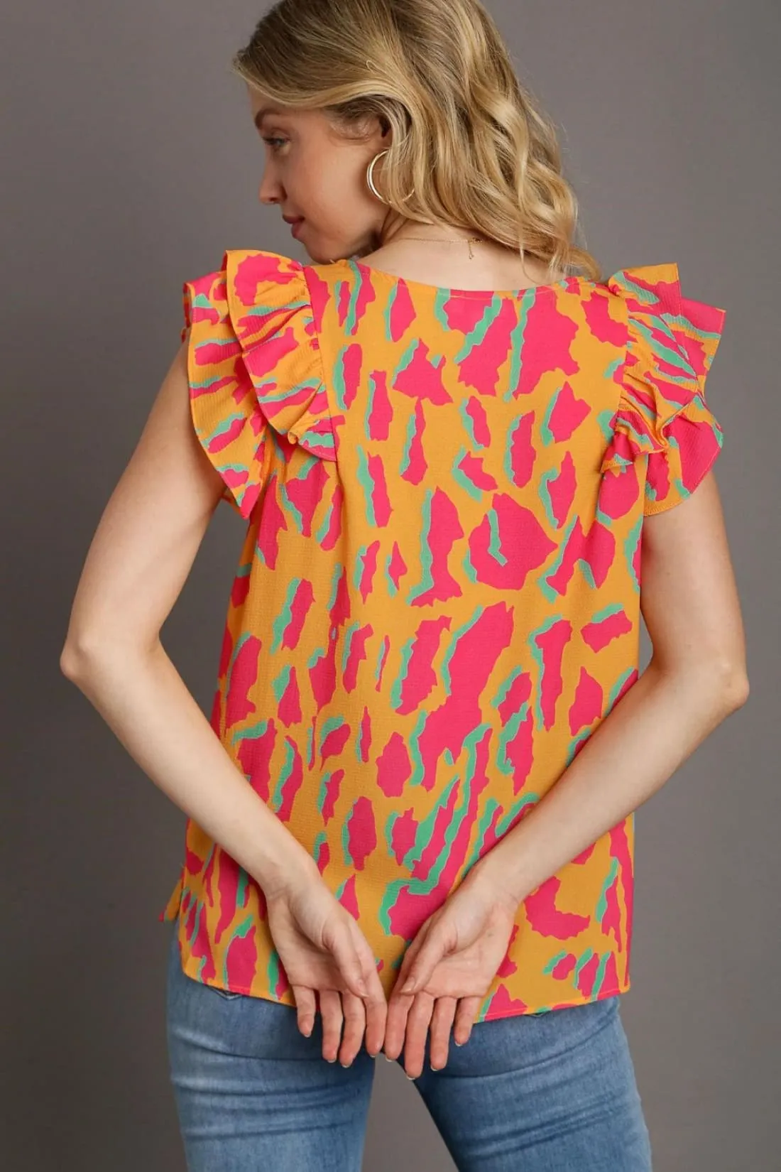 Abstract Print Ruffle Sleeve Blouse
