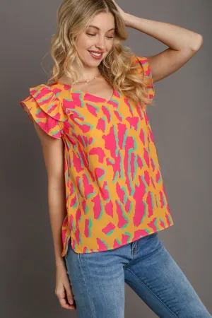 Abstract Print Ruffle Sleeve Blouse