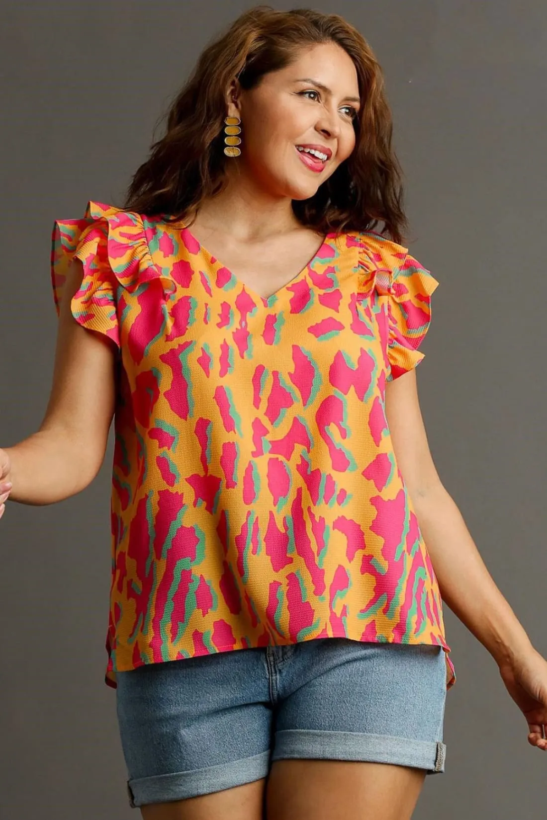 Abstract Print Ruffle Sleeve Blouse