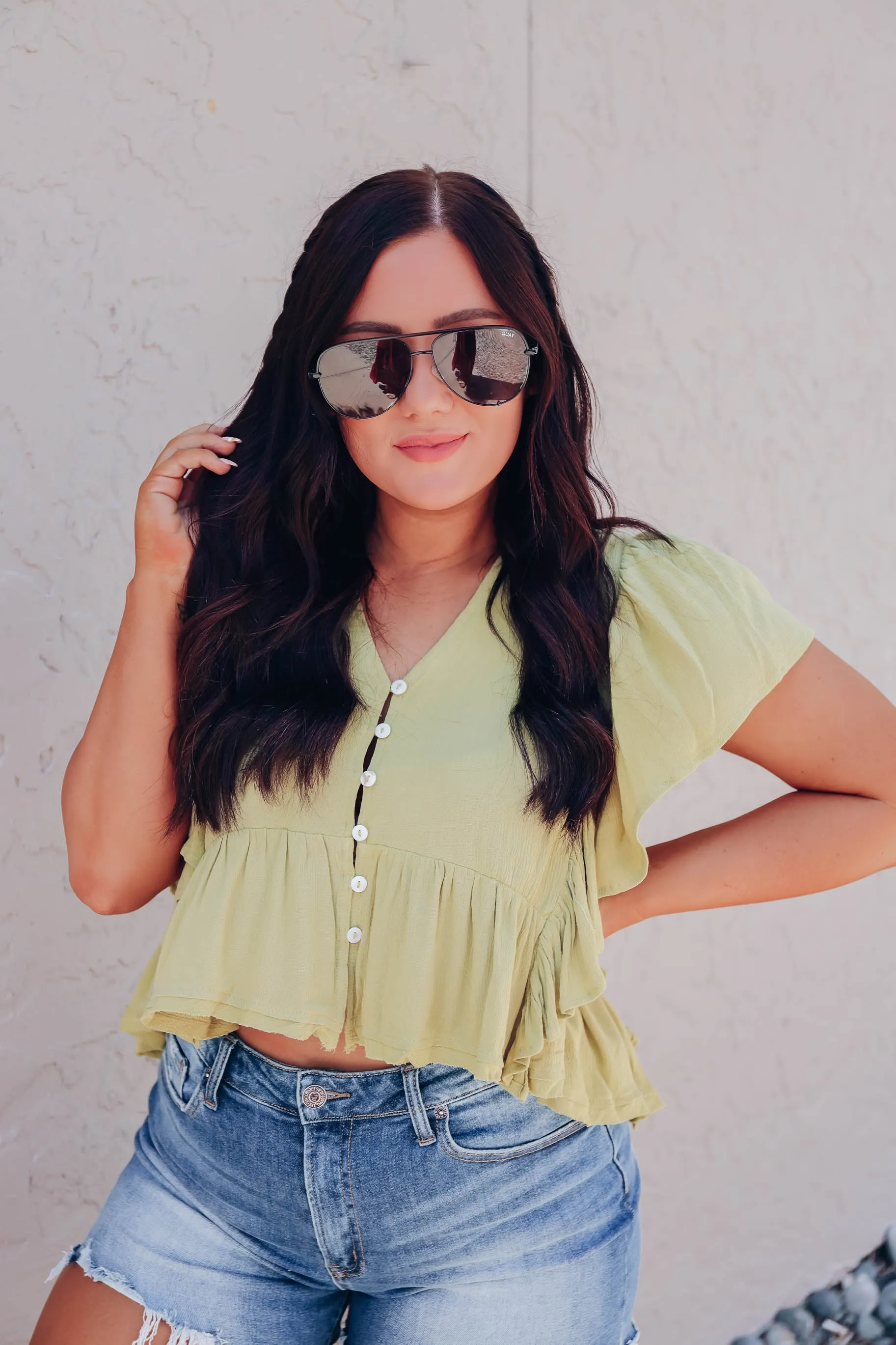Angel Ruffle Textured Blouse - Lime