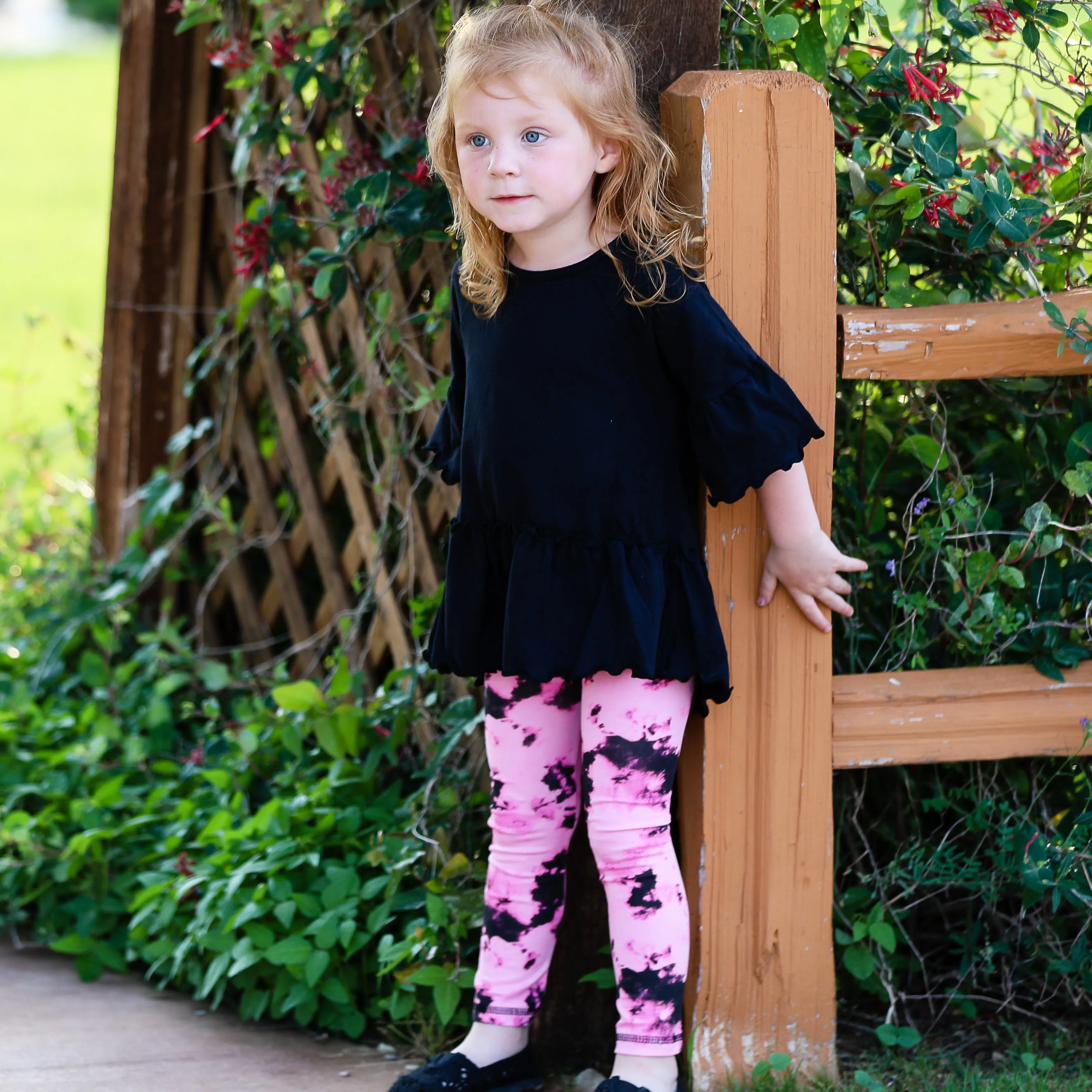 AnnLoren Little & Big Girls 3/4 Angel Sleeve Black Cotton Knit Ruffle Shirt