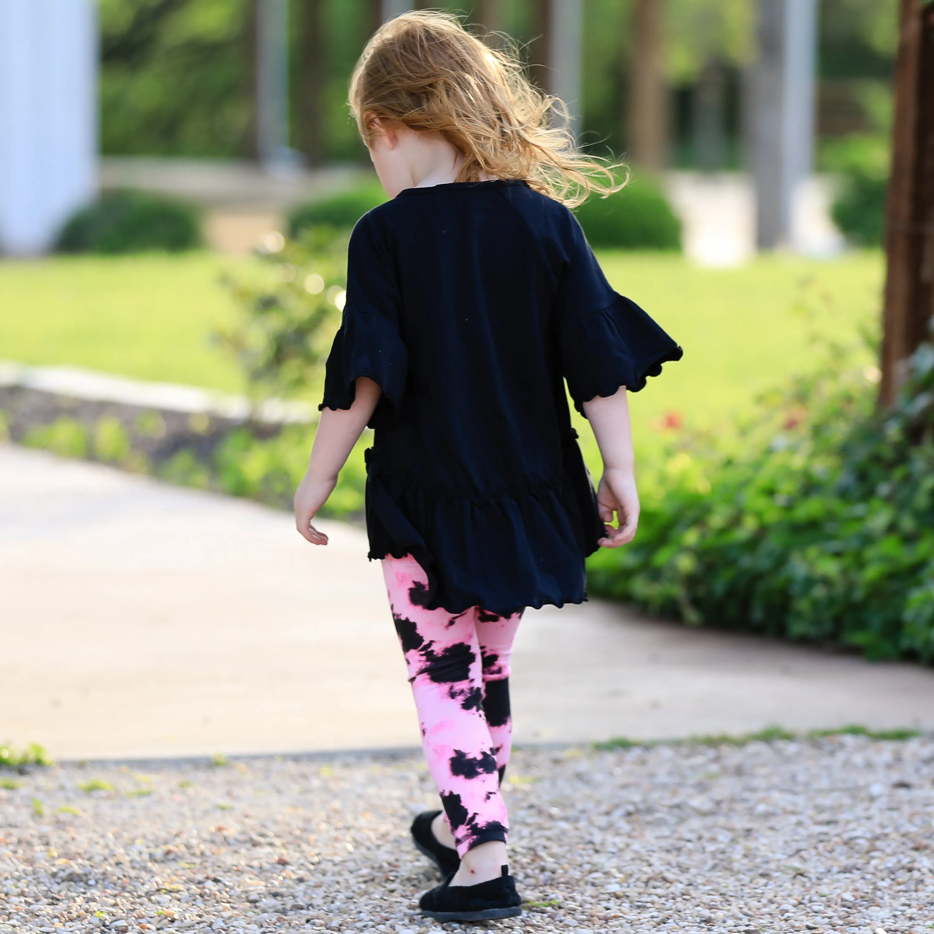 AnnLoren Little & Big Girls 3/4 Angel Sleeve Black Cotton Knit Ruffle Shirt