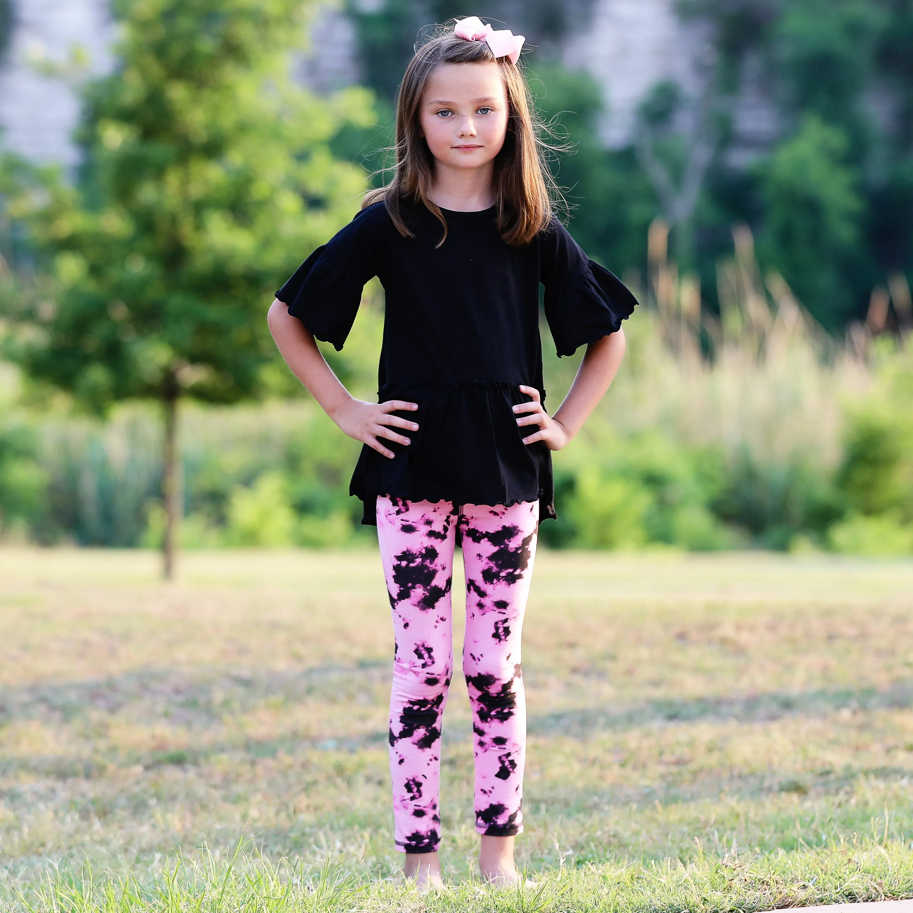 AnnLoren Little & Big Girls 3/4 Angel Sleeve Black Cotton Knit Ruffle Shirt