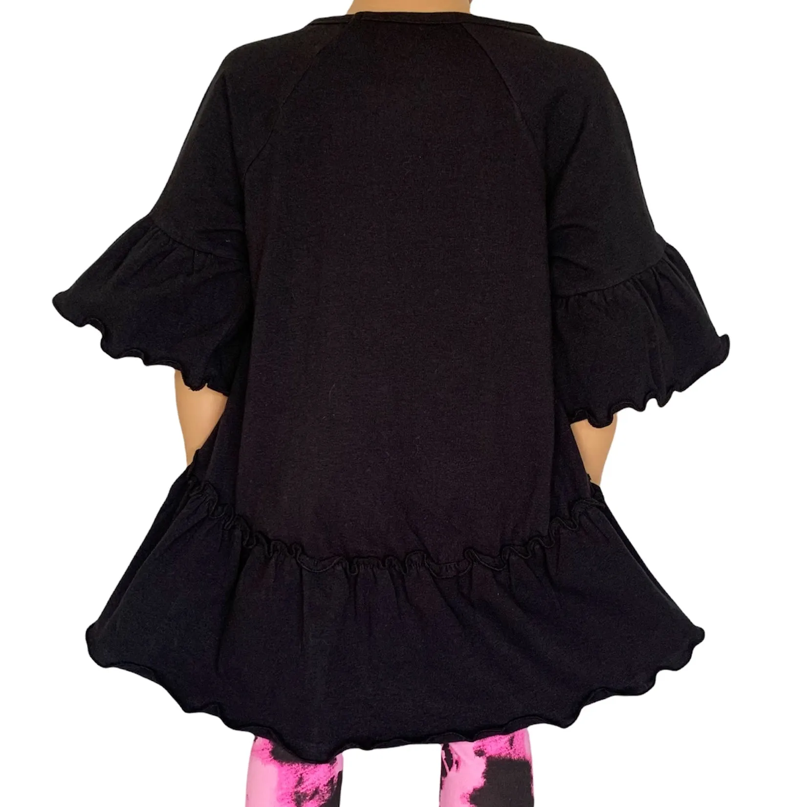AnnLoren Little & Big Girls 3/4 Angel Sleeve Black Cotton Knit Ruffle Shirt