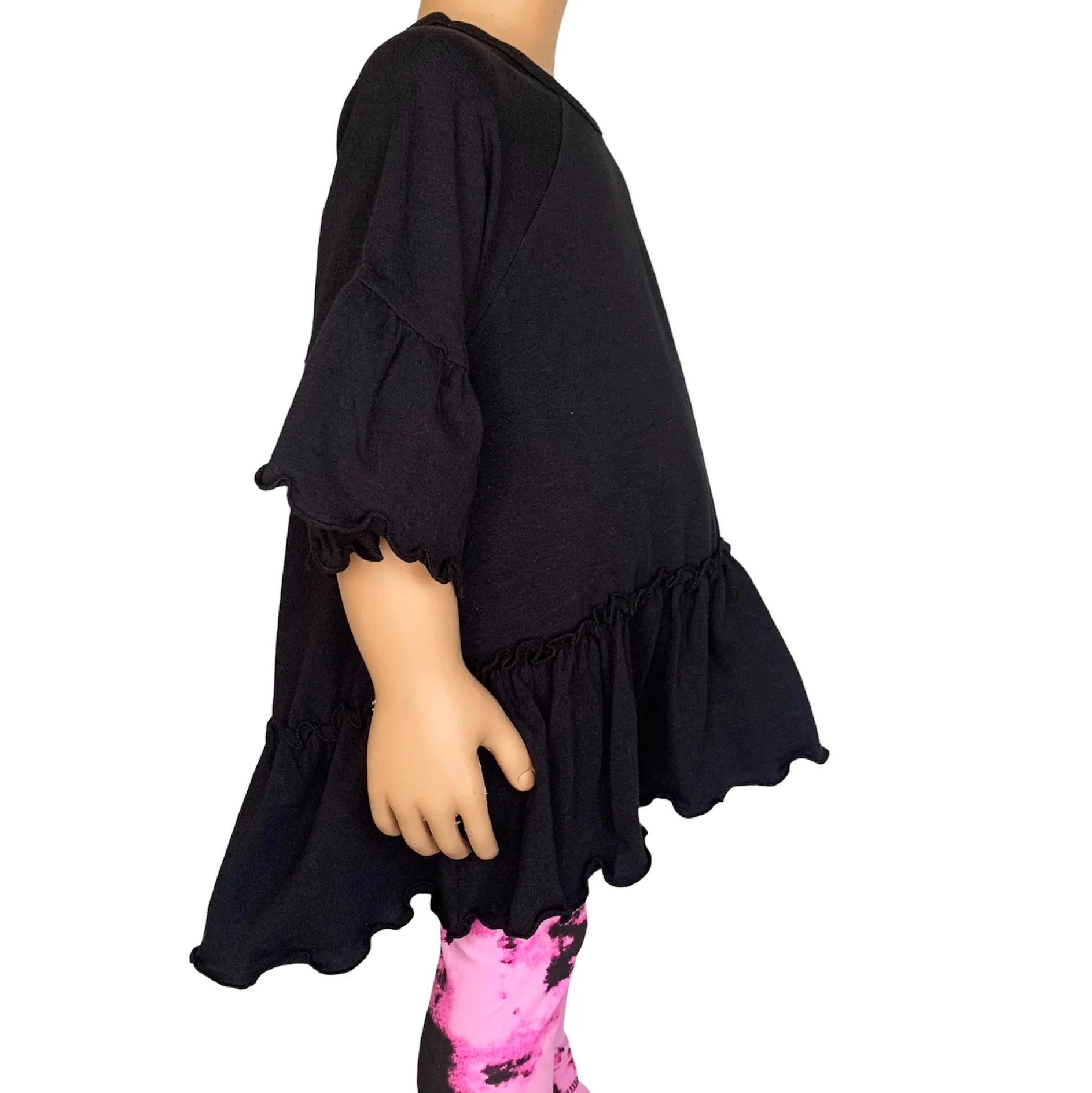 AnnLoren Little & Big Girls 3/4 Angel Sleeve Black Cotton Knit Ruffle Shirt
