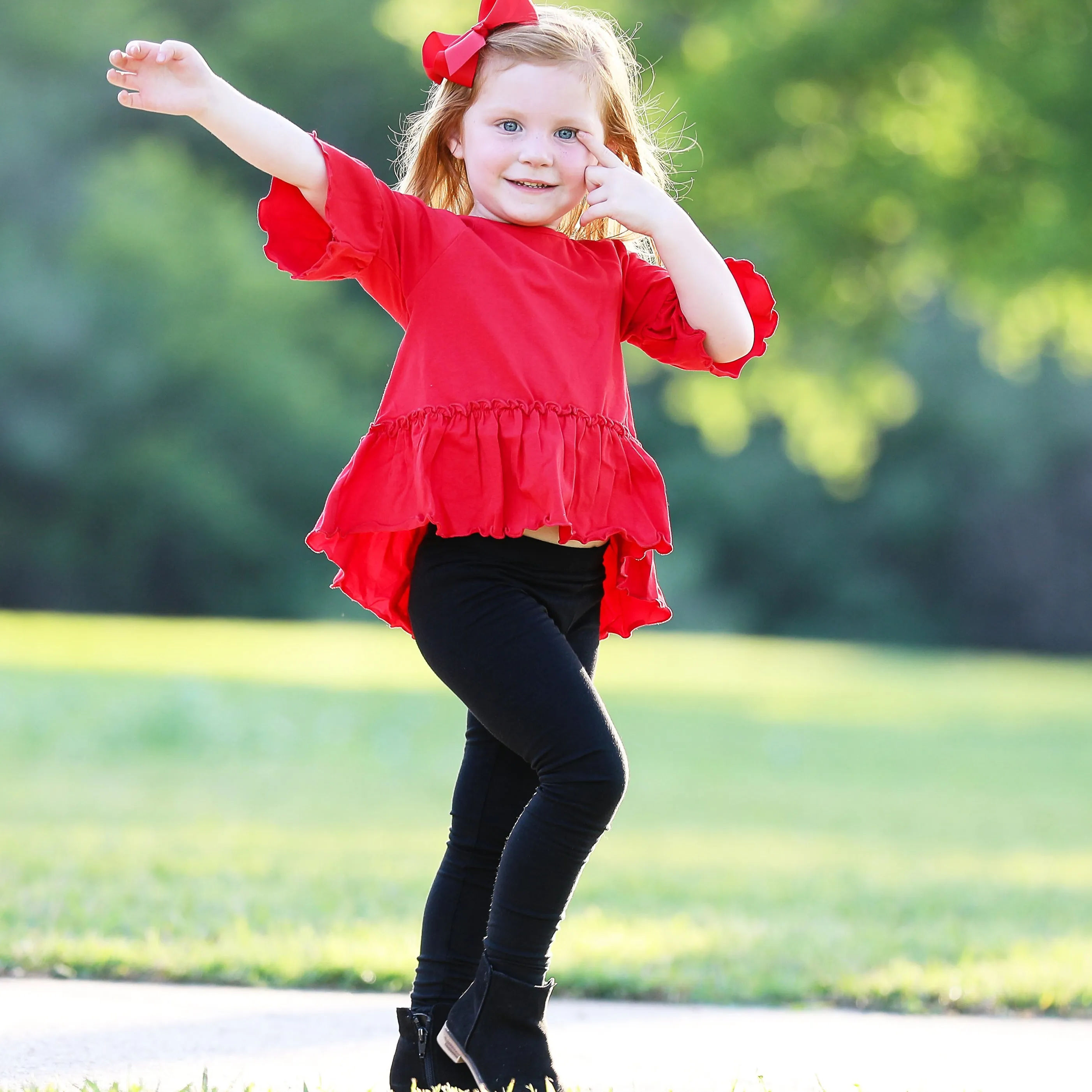AnnLoren Little & Big Girls 3/4 Angel Sleeve Red Cotton Knit Ruffle Shirt