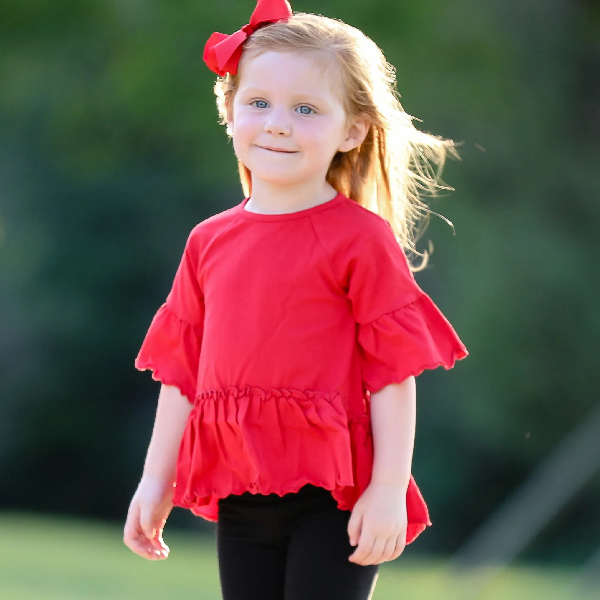 AnnLoren Little & Big Girls 3/4 Angel Sleeve Red Cotton Knit Ruffle Shirt
