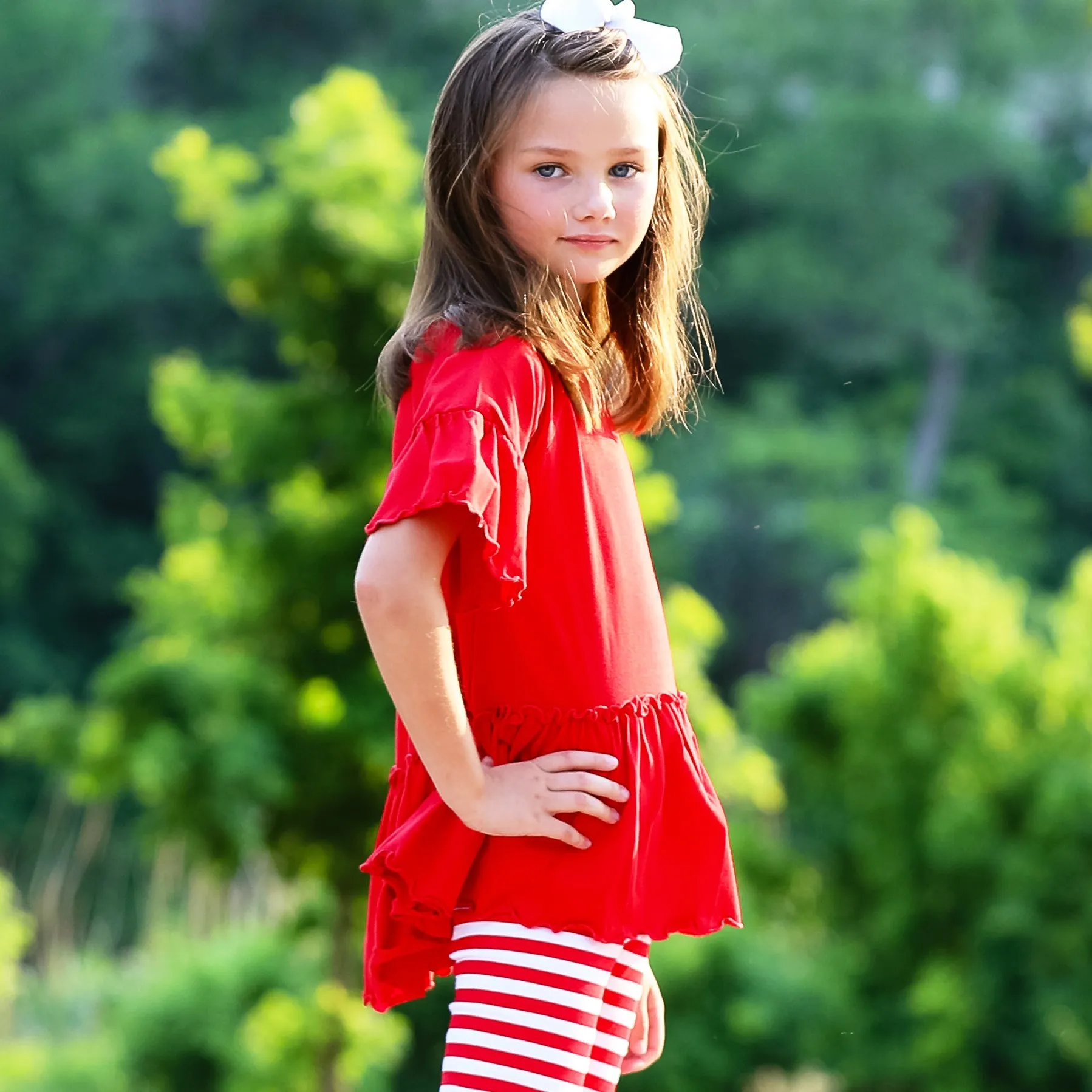 AnnLoren Little & Big Girls 3/4 Angel Sleeve Red Cotton Knit Ruffle Shirt
