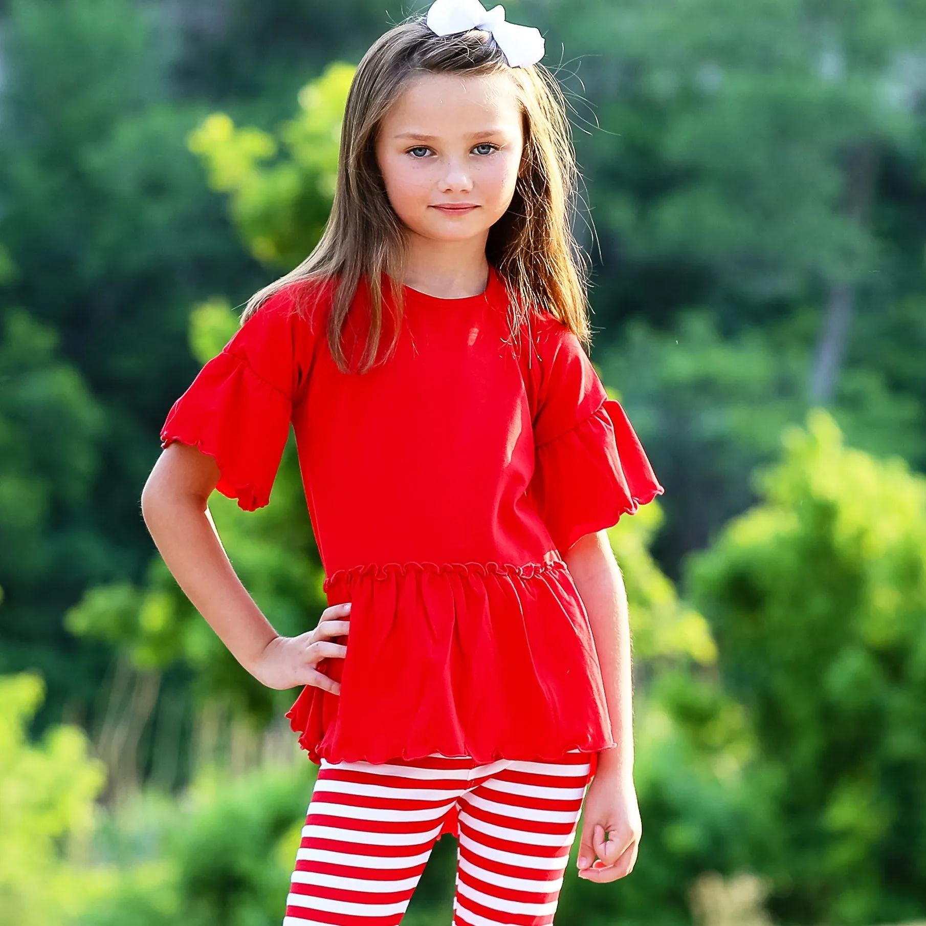AnnLoren Little & Big Girls 3/4 Angel Sleeve Red Cotton Knit Ruffle Shirt