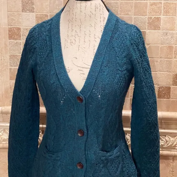 Anthropologie Far Away From Close Teal Pauline Cable Knit Wool Cardigan