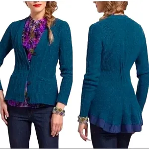 Anthropologie Far Away From Close Teal Pauline Cable Knit Wool Cardigan