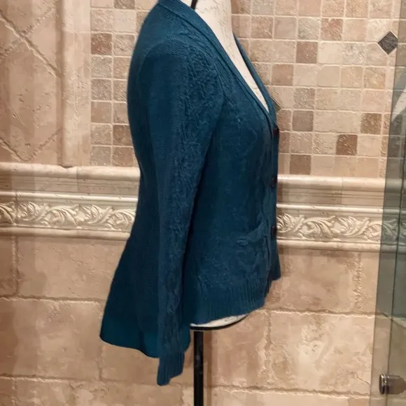 Anthropologie Far Away From Close Teal Pauline Cable Knit Wool Cardigan