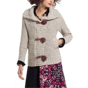 Anthropologie HWR Tan Chunky Knit Mor Mor Pom Pom Cardigan. Size Medium. EUC!