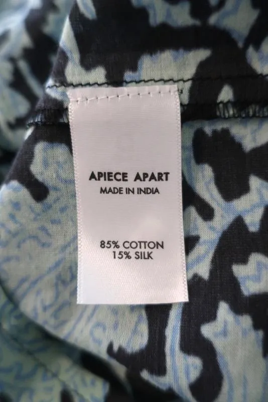 Apiece Apart Blouse Vera Aqua Paisley Print Cotton-Silk Size 2 Ruffle Neck Top