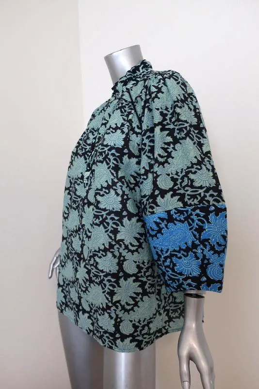Apiece Apart Blouse Vera Aqua Paisley Print Cotton-Silk Size 2 Ruffle Neck Top
