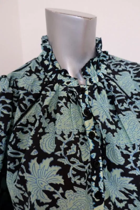 Apiece Apart Blouse Vera Aqua Paisley Print Cotton-Silk Size 2 Ruffle Neck Top