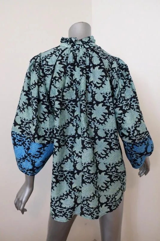 Apiece Apart Blouse Vera Aqua Paisley Print Cotton-Silk Size 2 Ruffle Neck Top