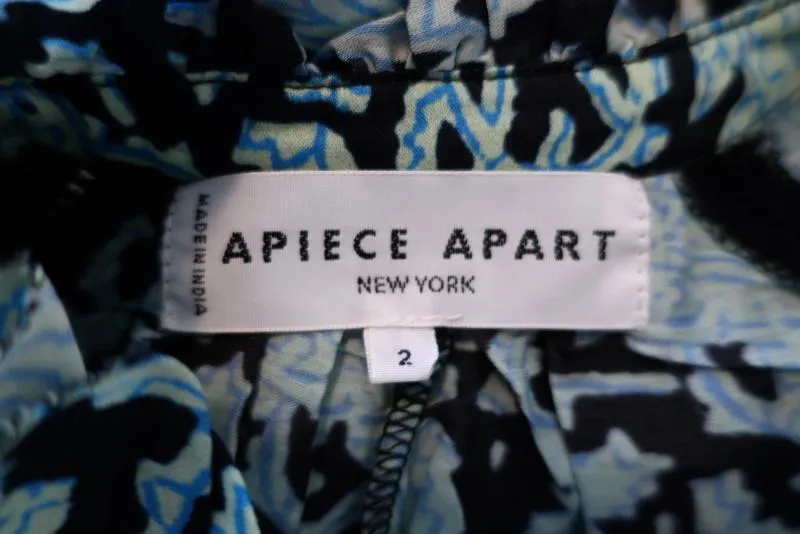 Apiece Apart Blouse Vera Aqua Paisley Print Cotton-Silk Size 2 Ruffle Neck Top