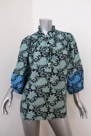 Apiece Apart Blouse Vera Aqua Paisley Print Cotton-Silk Size 2 Ruffle Neck Top