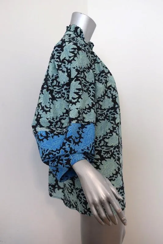 Apiece Apart Blouse Vera Aqua Paisley Print Cotton-Silk Size 2 Ruffle Neck Top