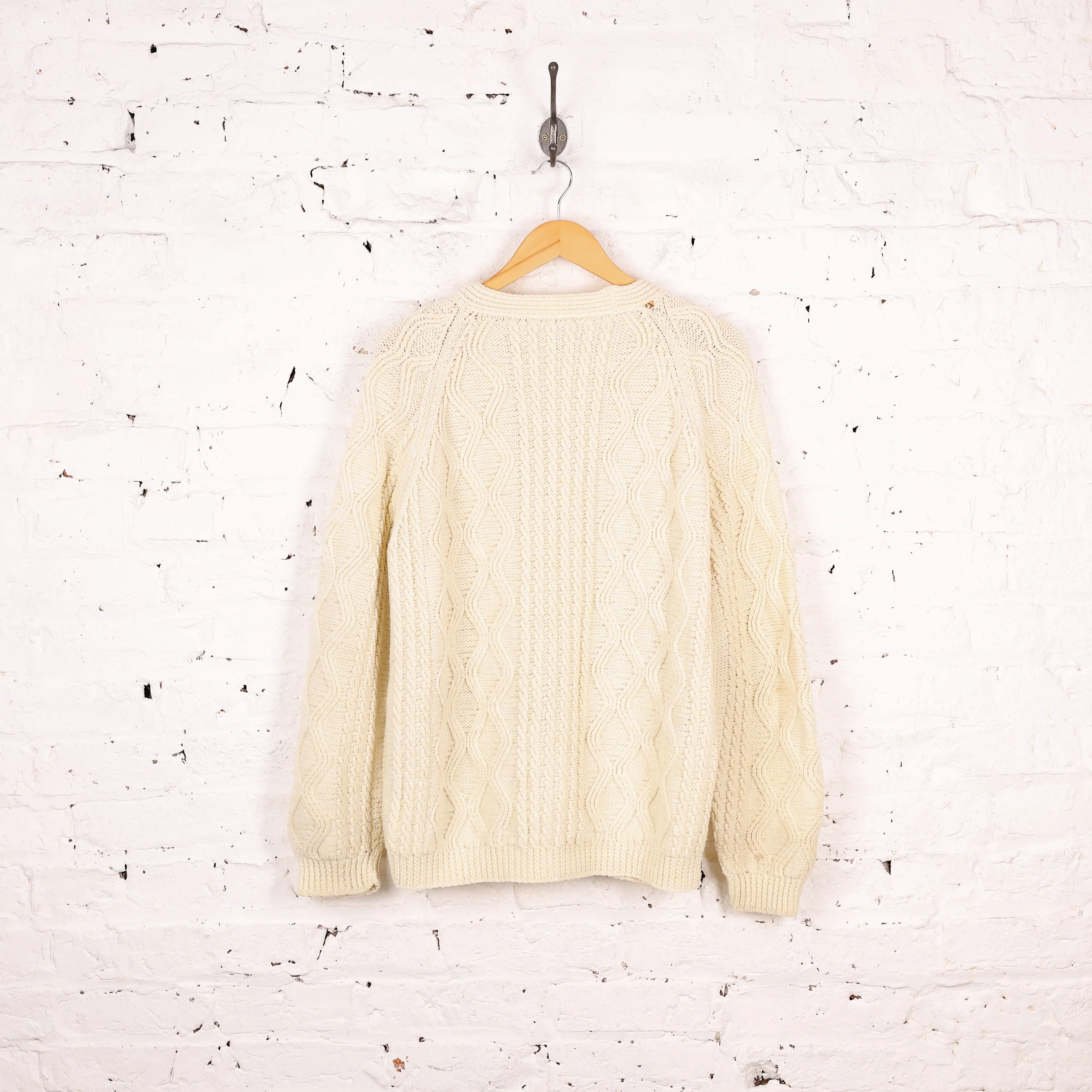 Aran Cable Knit Wool Cardigan - Beige - M