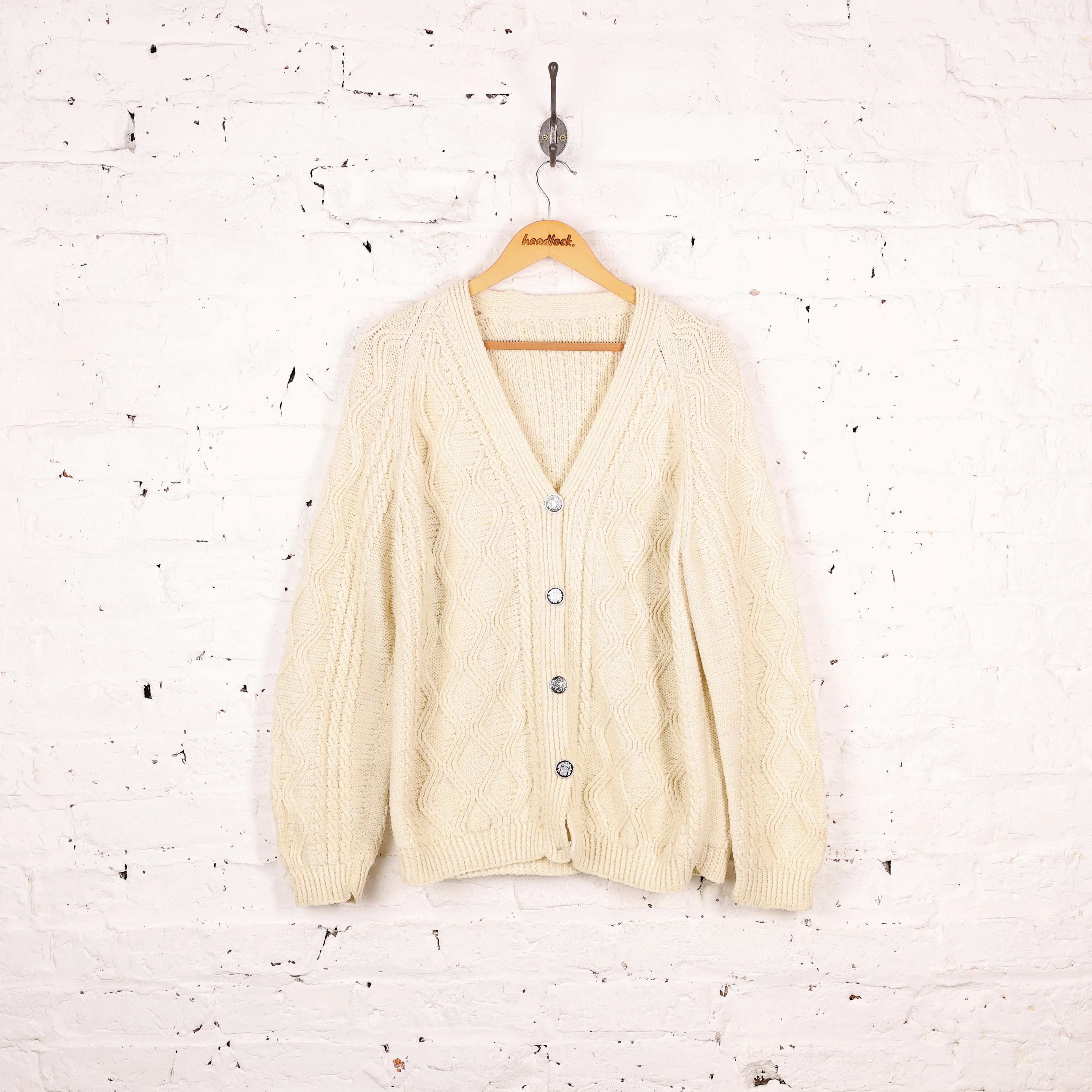 Aran Cable Knit Wool Cardigan - Beige - M
