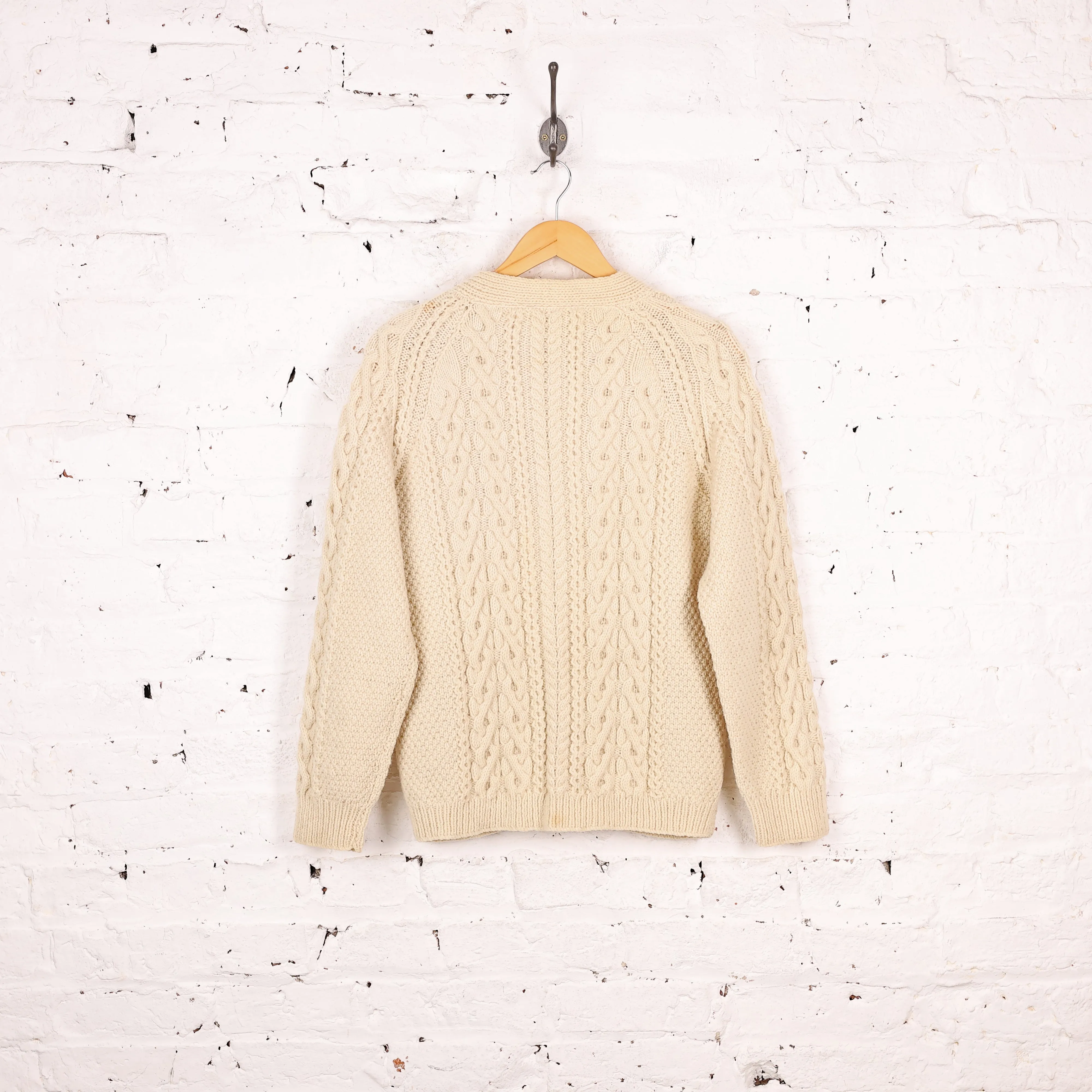 Aran Cable Knit Wool Cardigan - Beige - XS