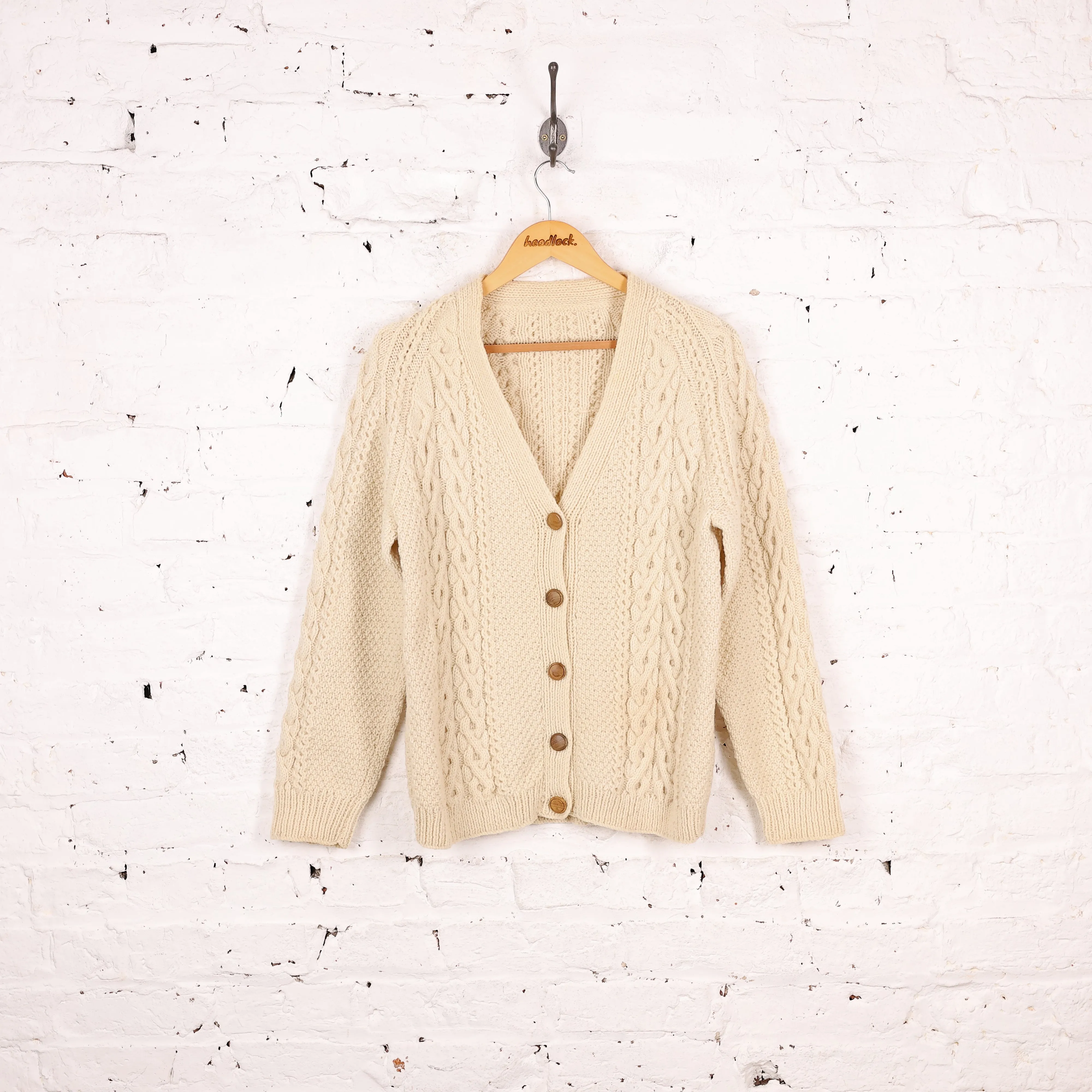 Aran Cable Knit Wool Cardigan - Beige - XS