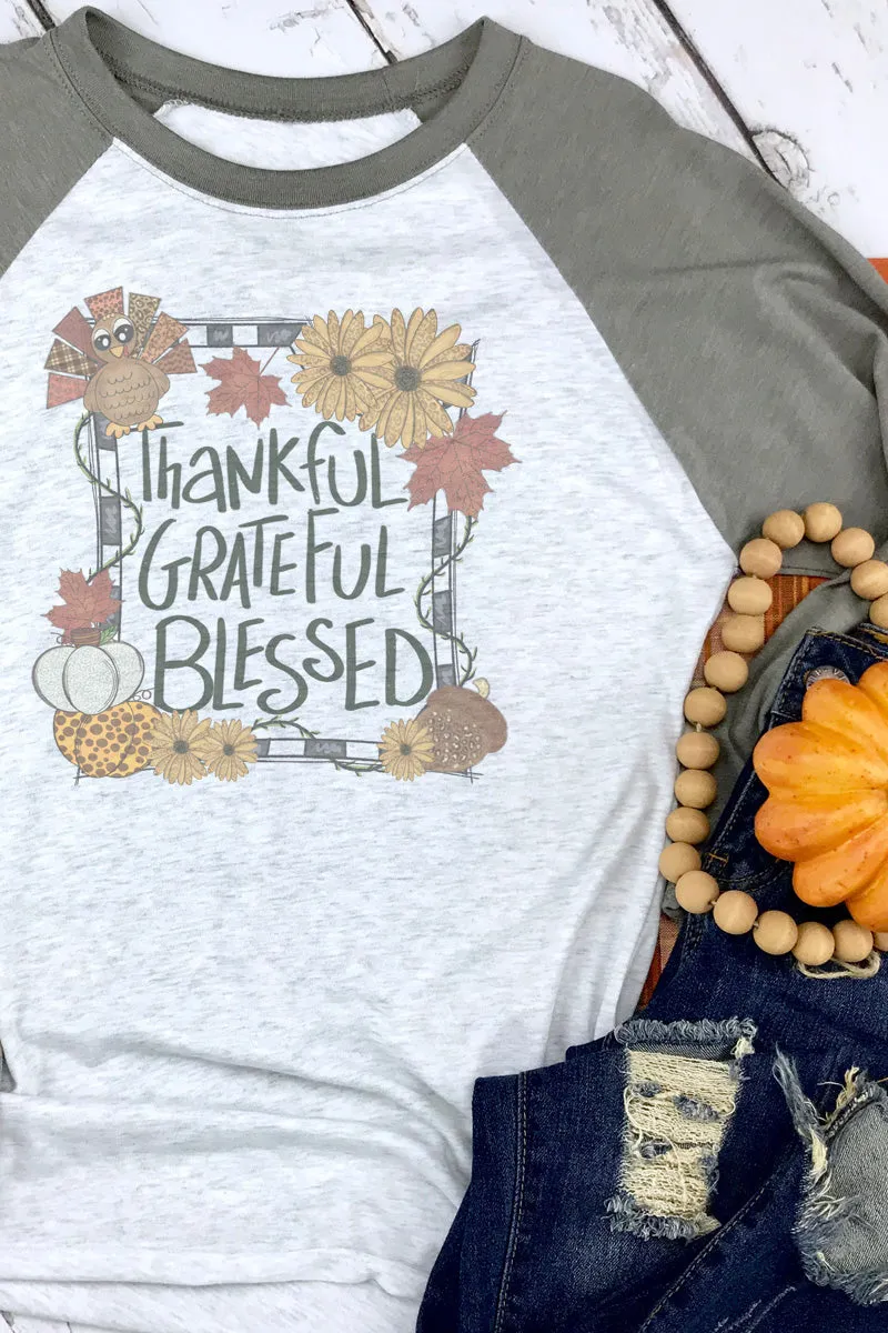 Autumn Thankful Grateful Blessed Tri-Blend Unisex 3/4 Raglan