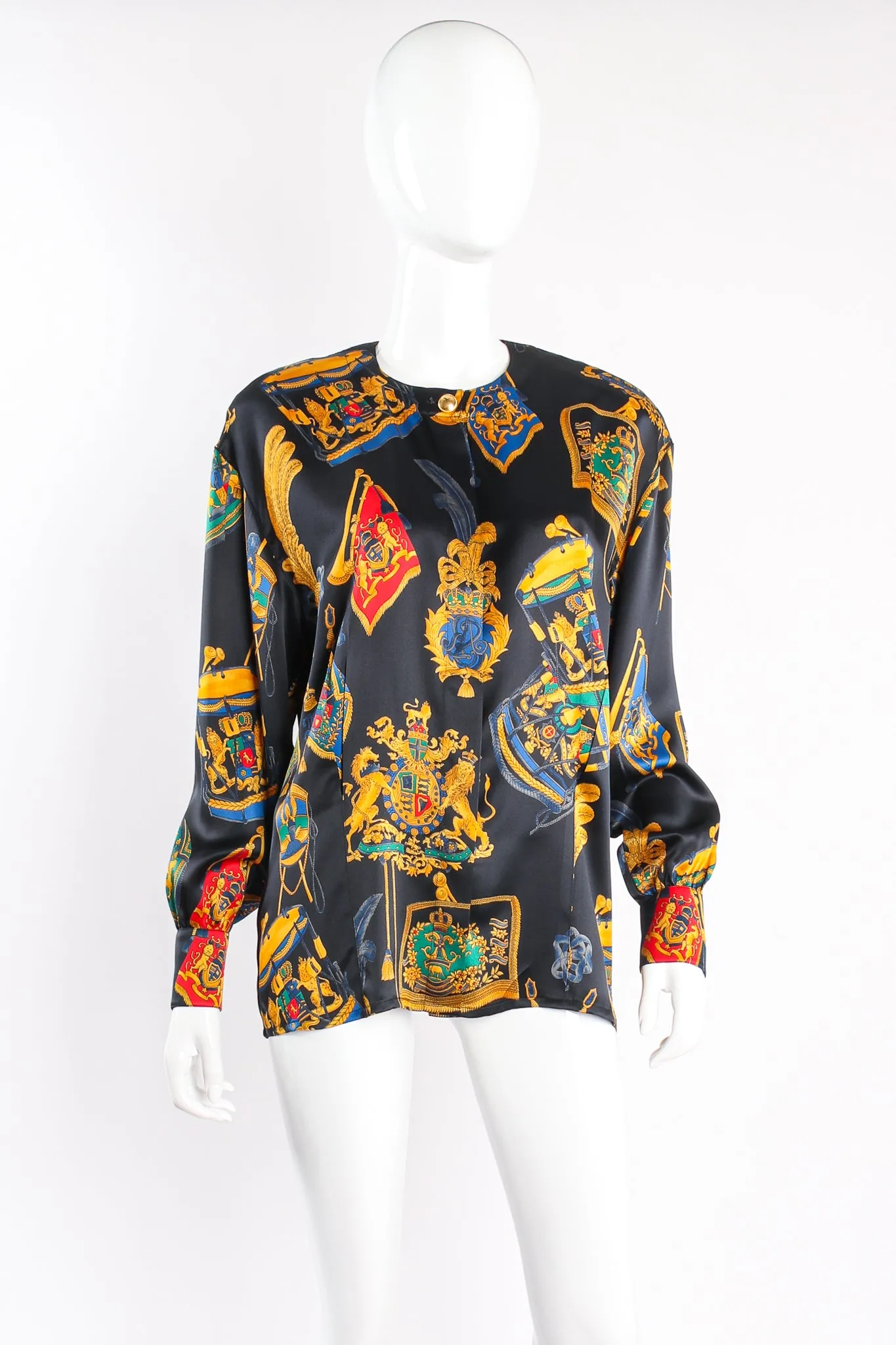 Baroque Leo Flag & Drum Print Silk Blouse