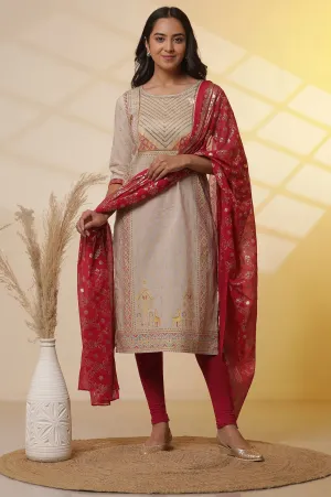 Beige Foil Printed Sequined Pure Cotton Kurta, Tights and Dupatta Set