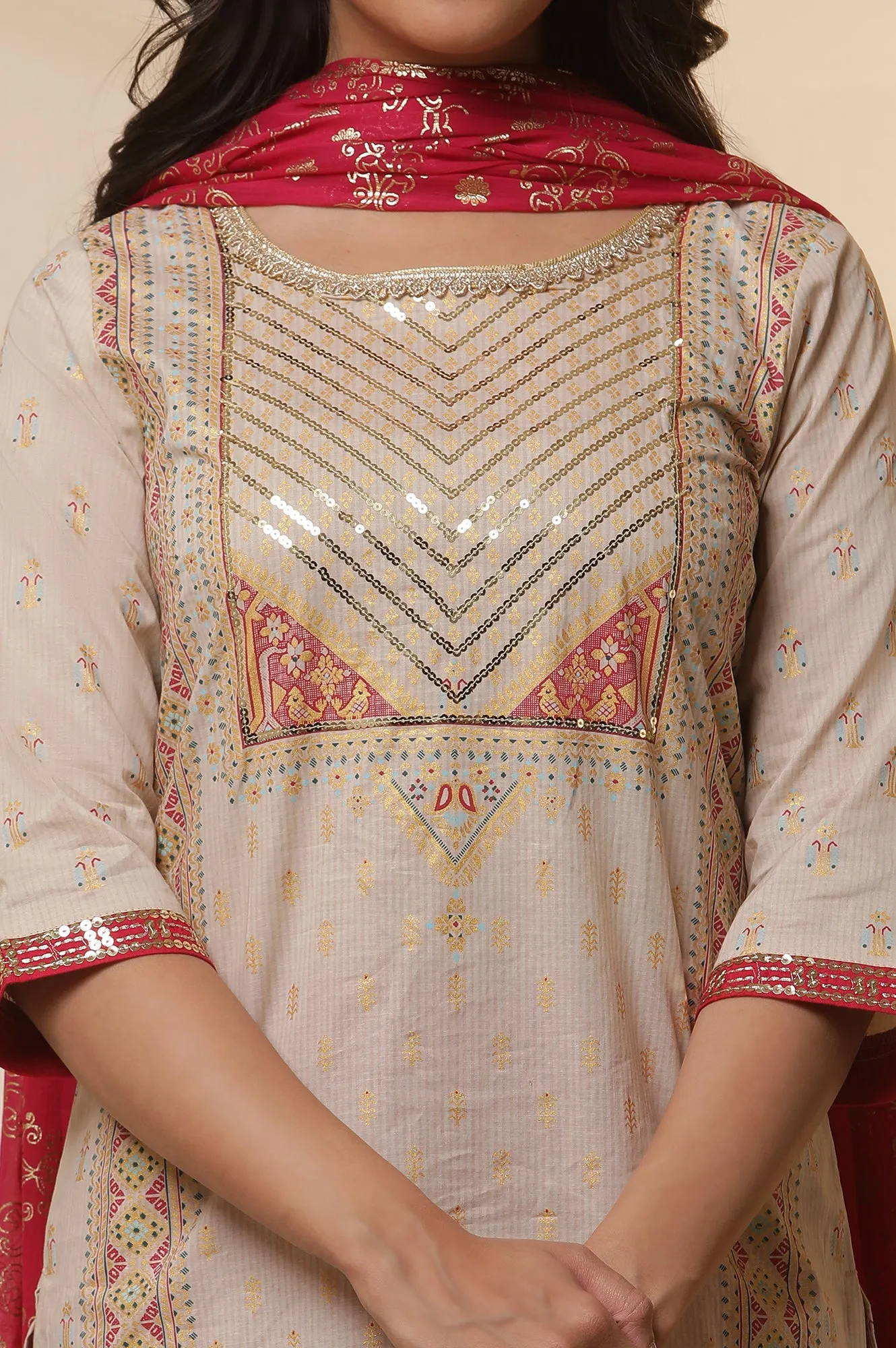 Beige Foil Printed Sequined Pure Cotton Kurta, Tights and Dupatta Set