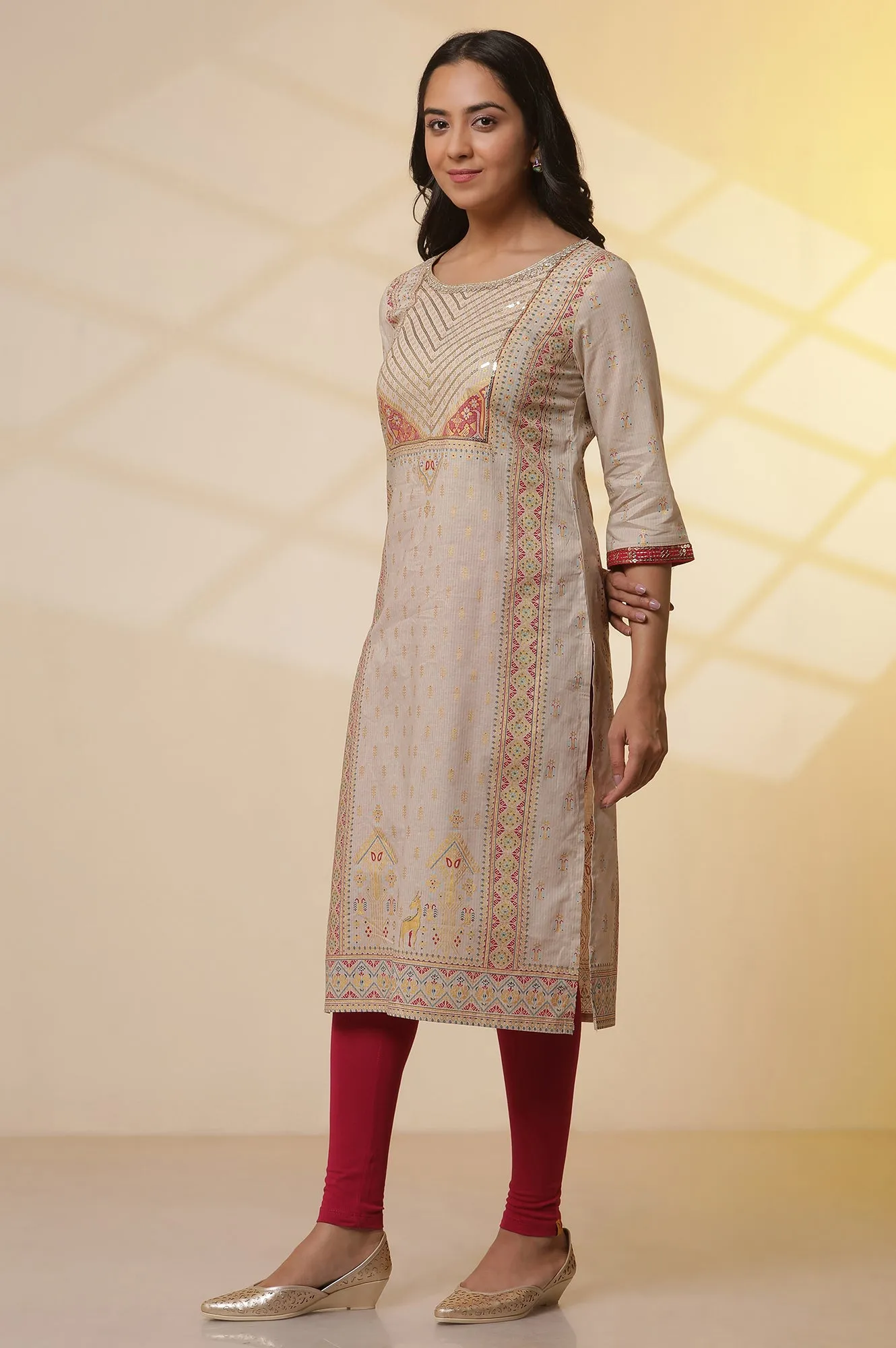 Beige Foil Printed Sequined Pure Cotton Kurta, Tights and Dupatta Set